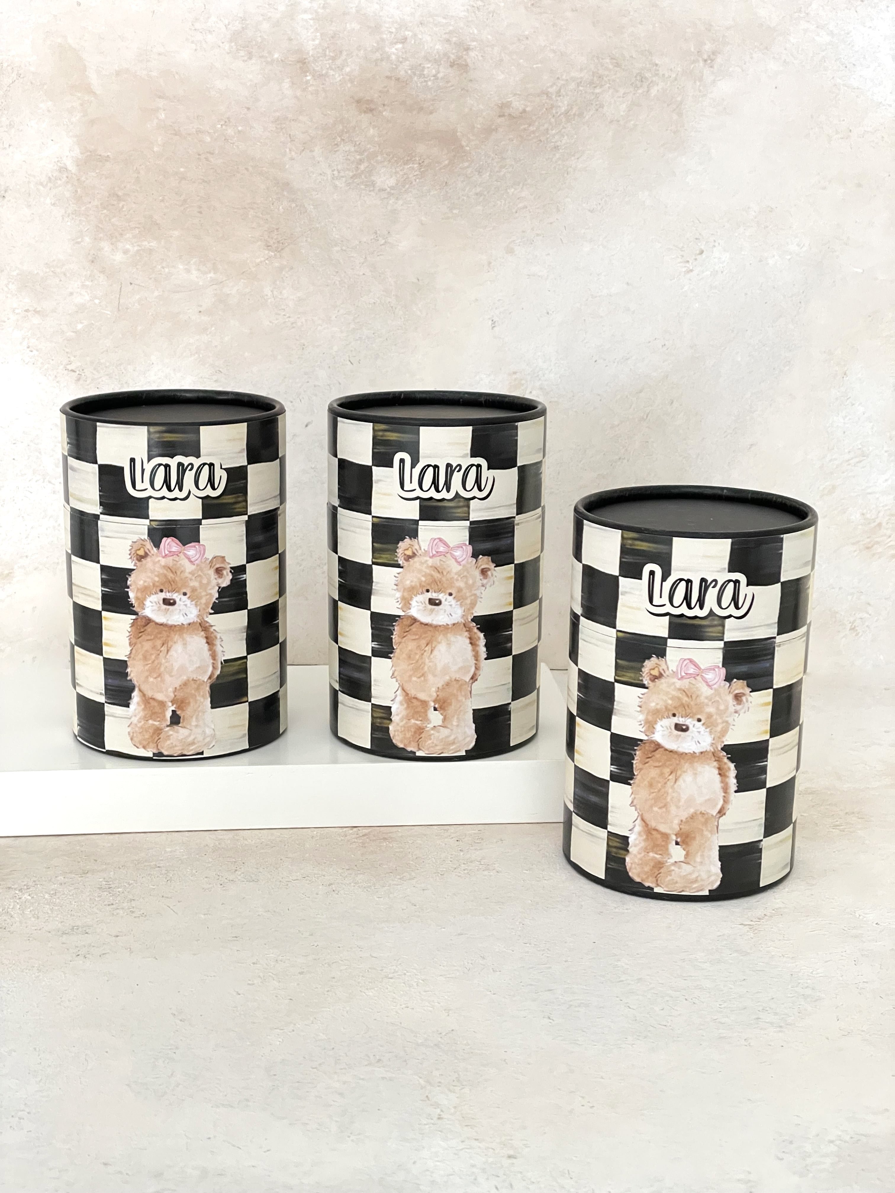 Damalı Teddy Bear Girl Kaplama Silindir Kutu