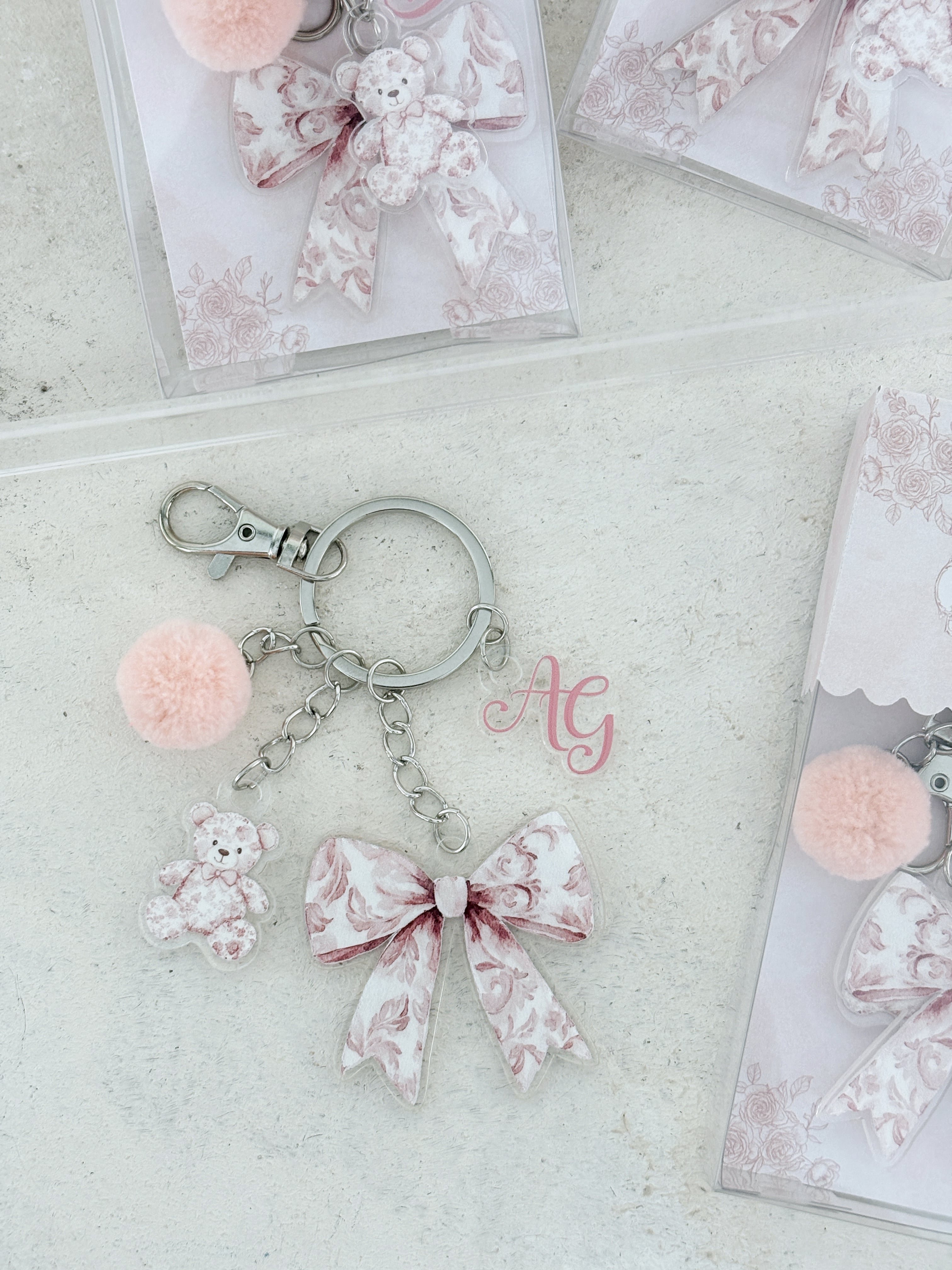 Pink Toile Bow Anahtarlık ve Kutusu
