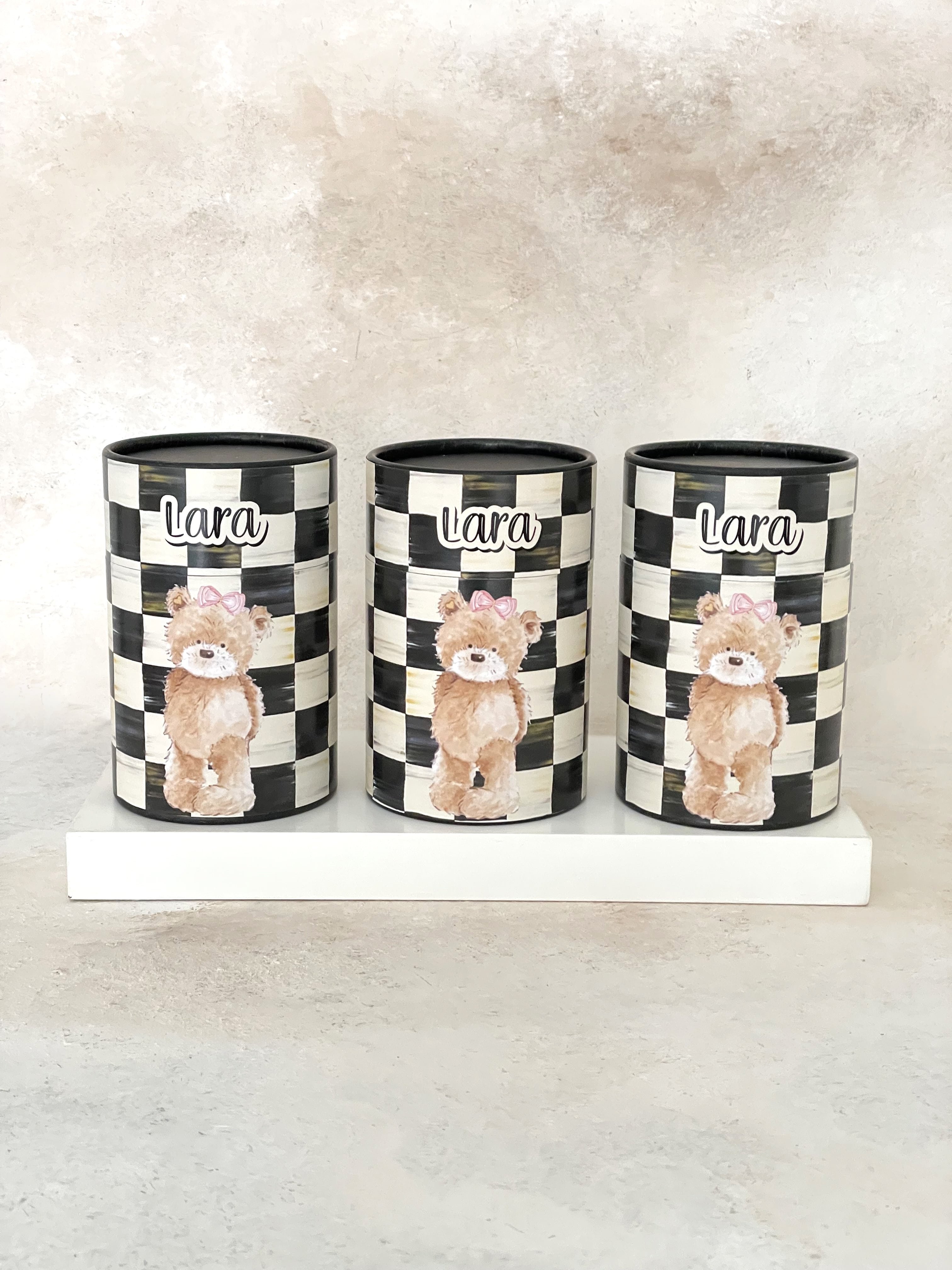 Damalı Teddy Bear Girl Kaplama Silindir Kutu
