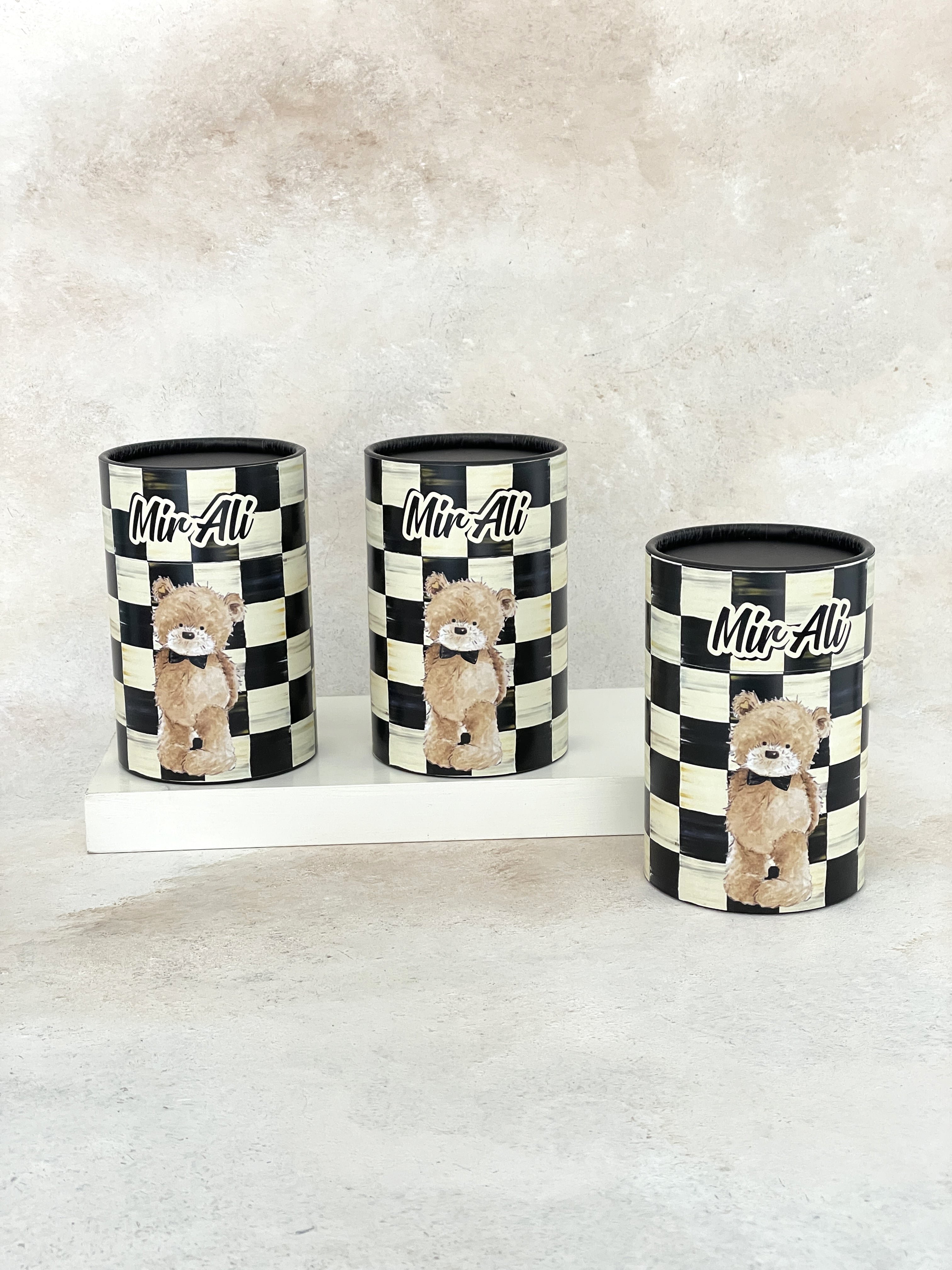 Damalı Teddy Bear Boy Kaplama Silindir Kutu