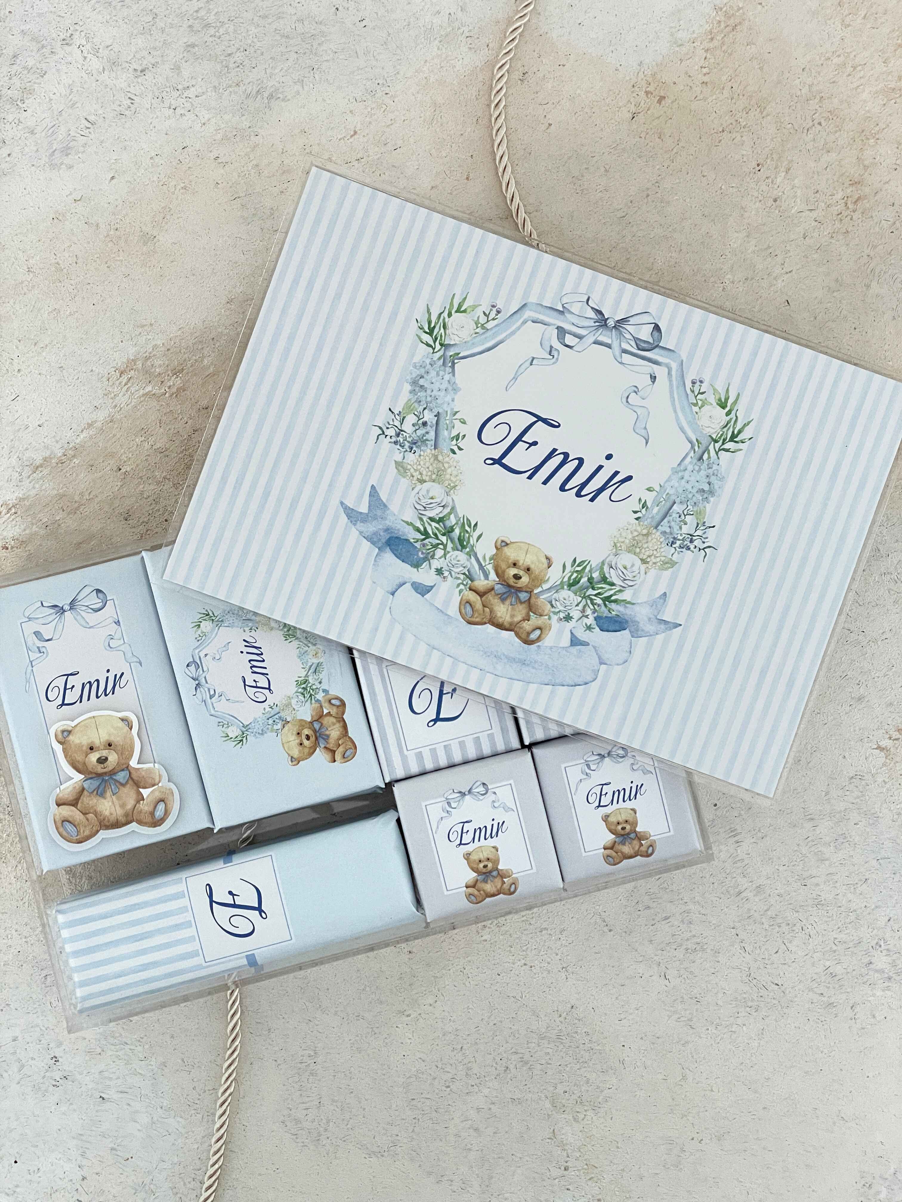 Teddy Bear Blue Crest Pleksi Çikolata Kutusu