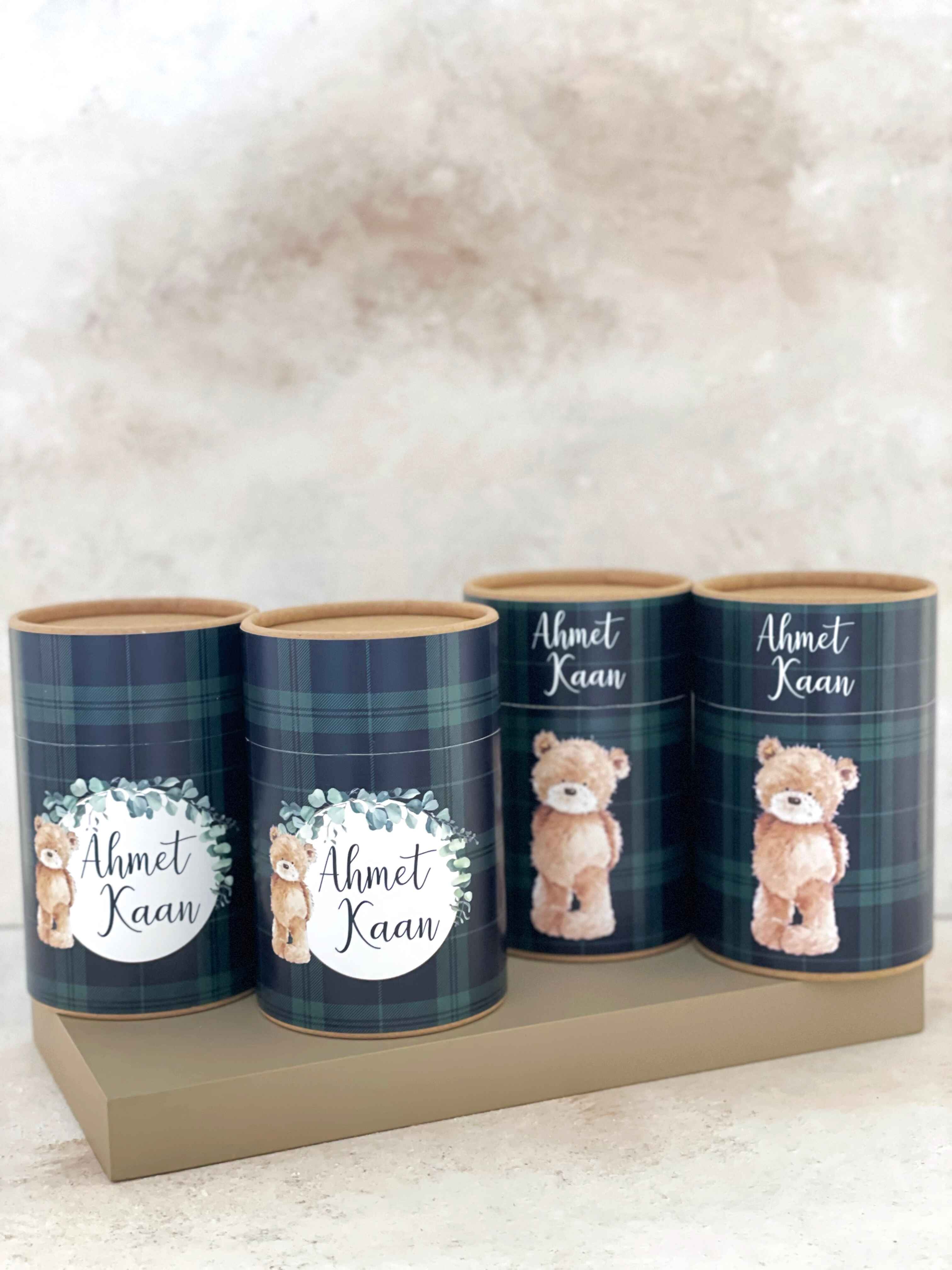 Lacivert Ekoseli Teddy Bear & Okaliptus Kaplama Silindir Kutu