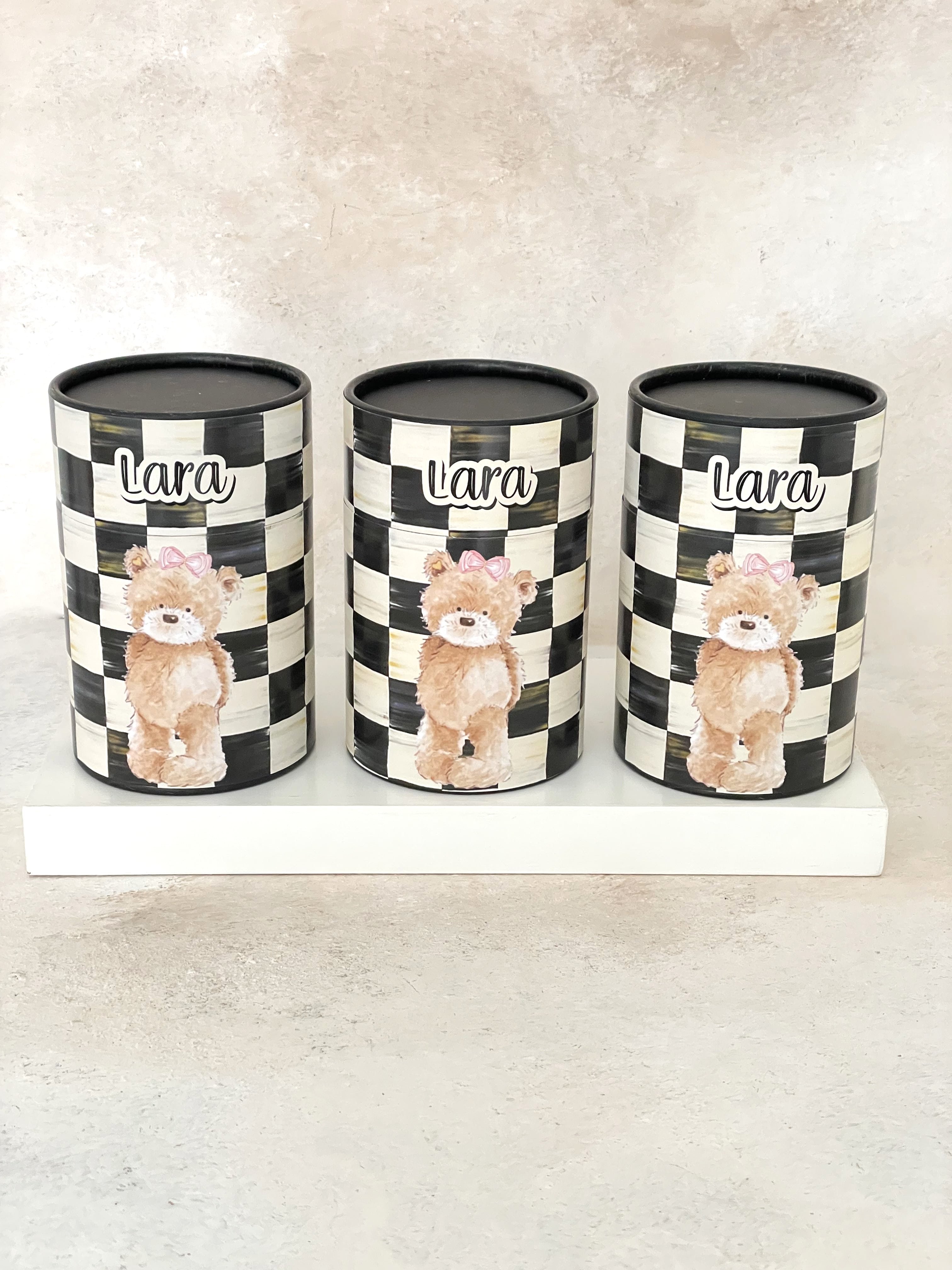 Damalı Teddy Bear Girl Kaplama Silindir Kutu