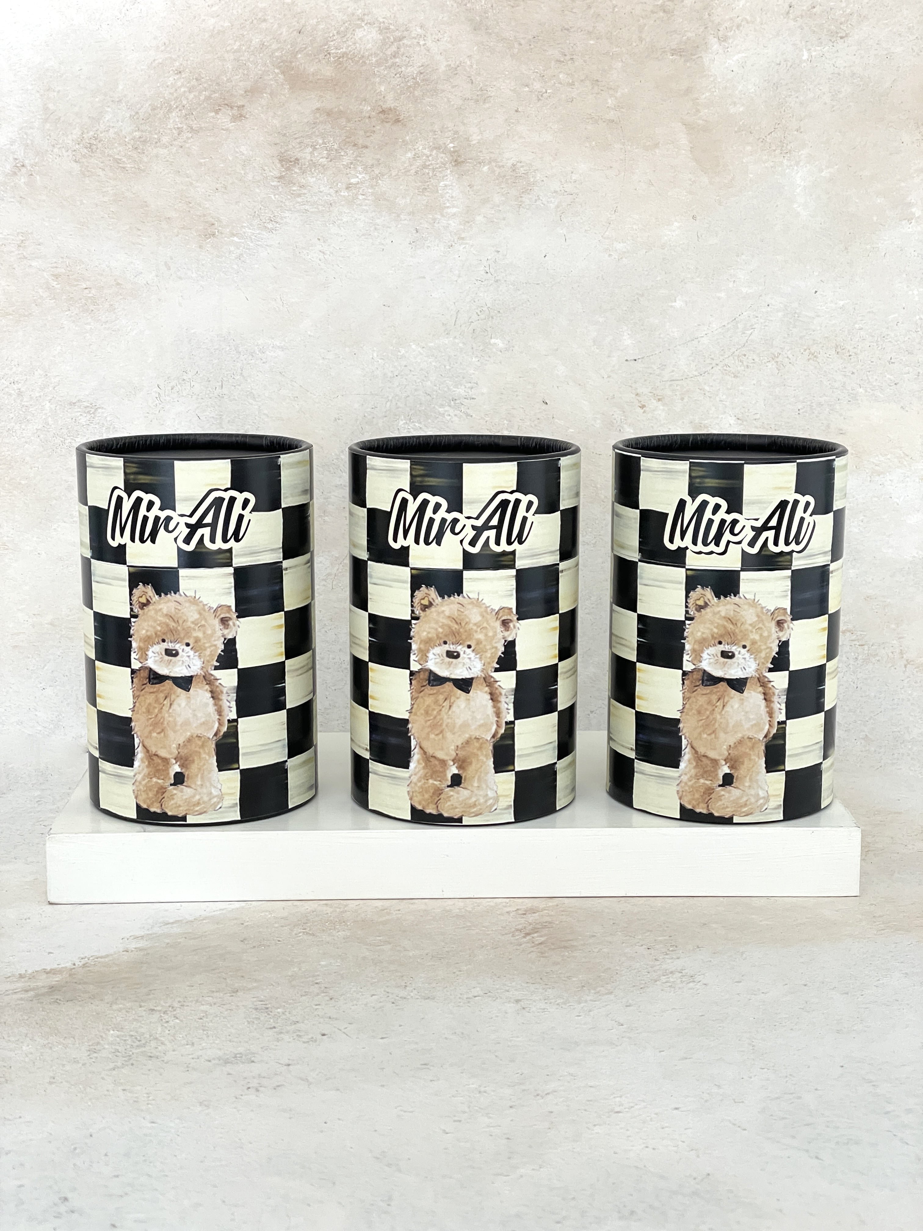 Damalı Teddy Bear Boy Kaplama Silindir Kutu