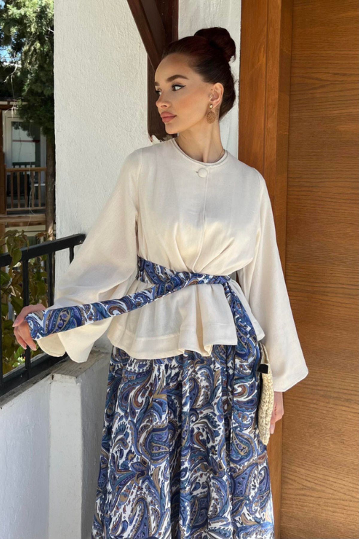 KOPYA - Kadın Krem Bluz & Etnik Desenli Maxi Etek Takım – Yazlık Şık Kombin