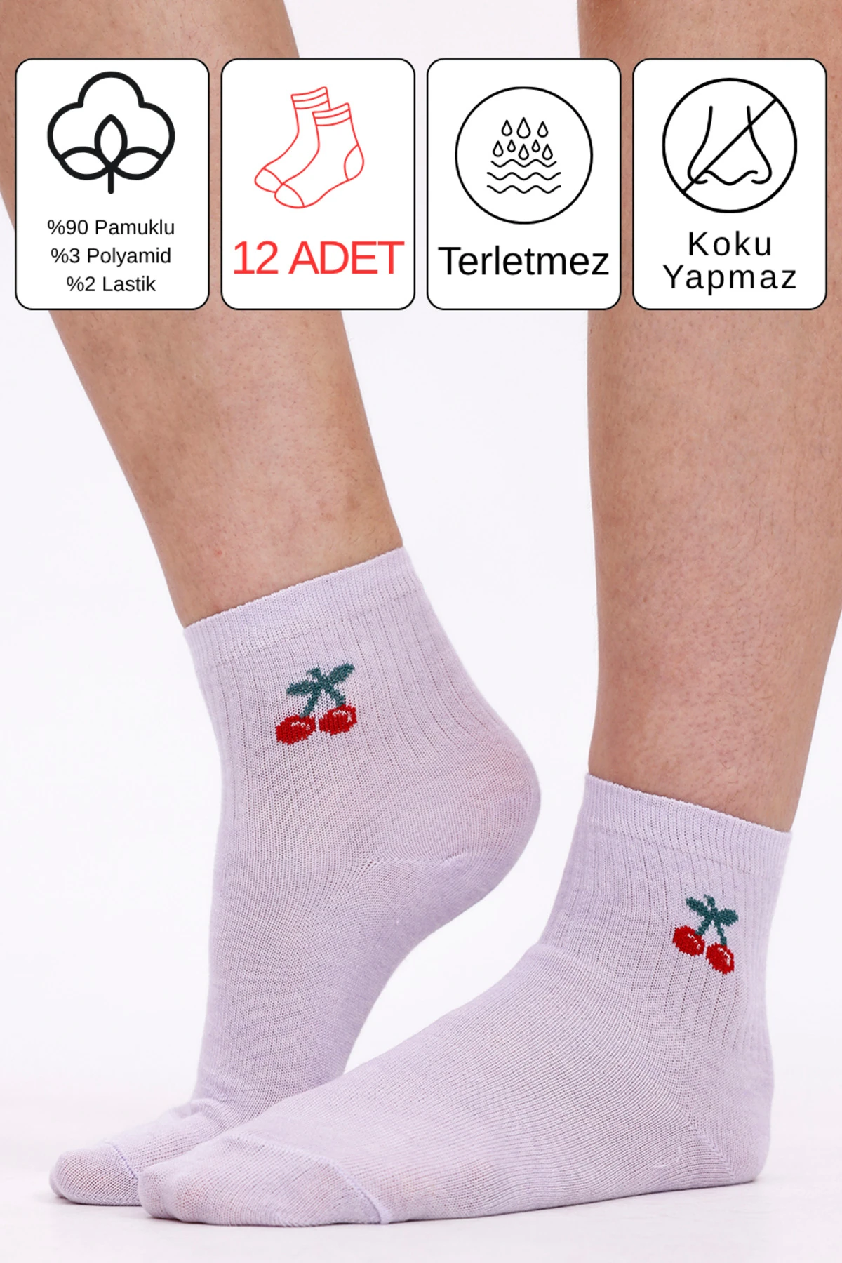 Meyve Nakışlı Pamuklu Kolej, Spor, Soket Çorap - Yazlık Kolej Spor Çorabı Bedensiz - 12 Çift