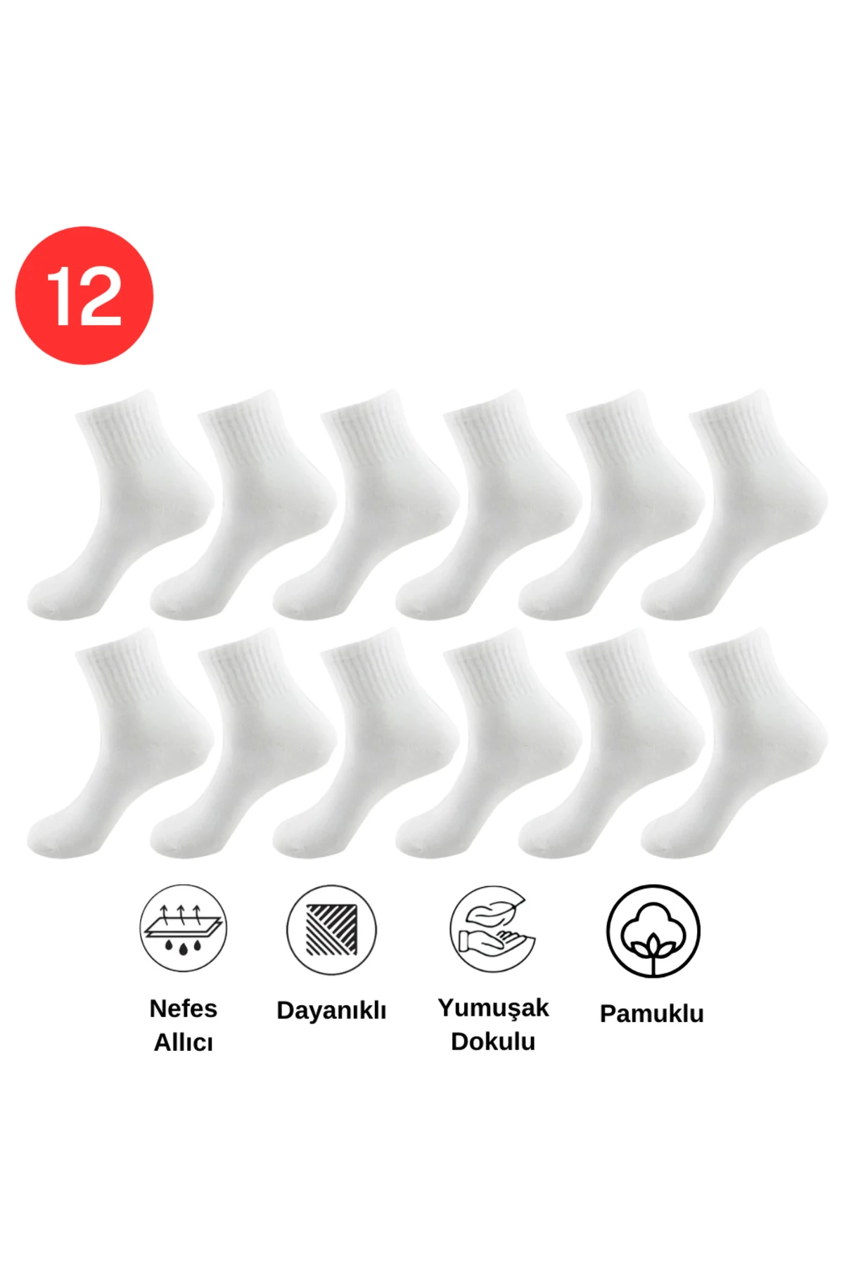 Pamuklu Yumuşak Karışık 12'li Beyaz Renk Kadın Soket Çorap Pamuklu Çorap Dikişli