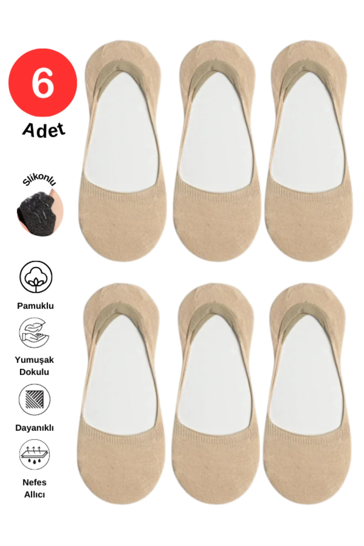 Pamuklu Yumuşak Silonlu Kaymaz 6'lı Kadın Babet Çorap Pamuklu Çorap Krem