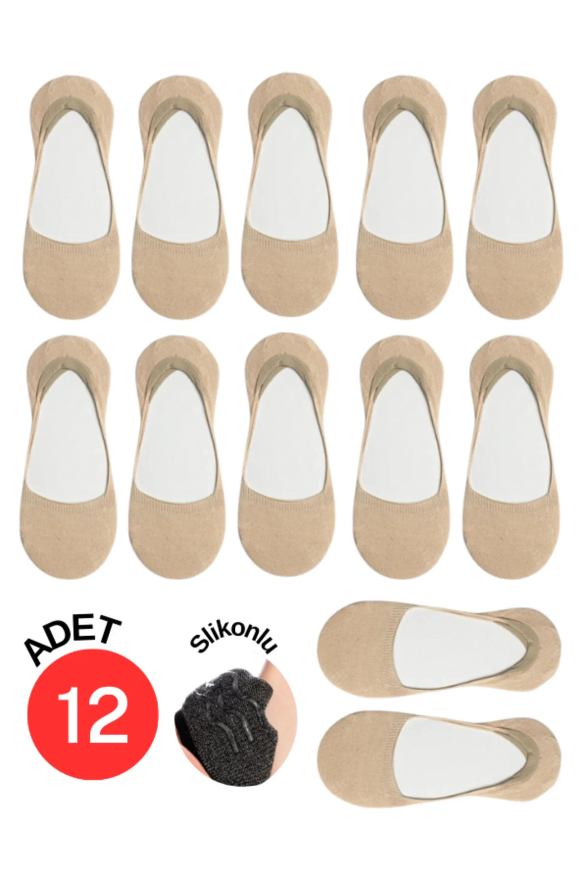 Pamuklu Yumuşak Silonlu Kaymaz 12'li Kadın Babet Çorap Pamuklu Çorap Krem