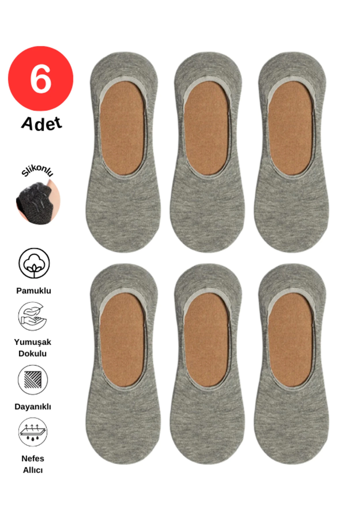 Pamuklu Yumuşak Silonlu Kaymaz 6'lı Kadın Babet Çorap Pamuklu Çorap Gri