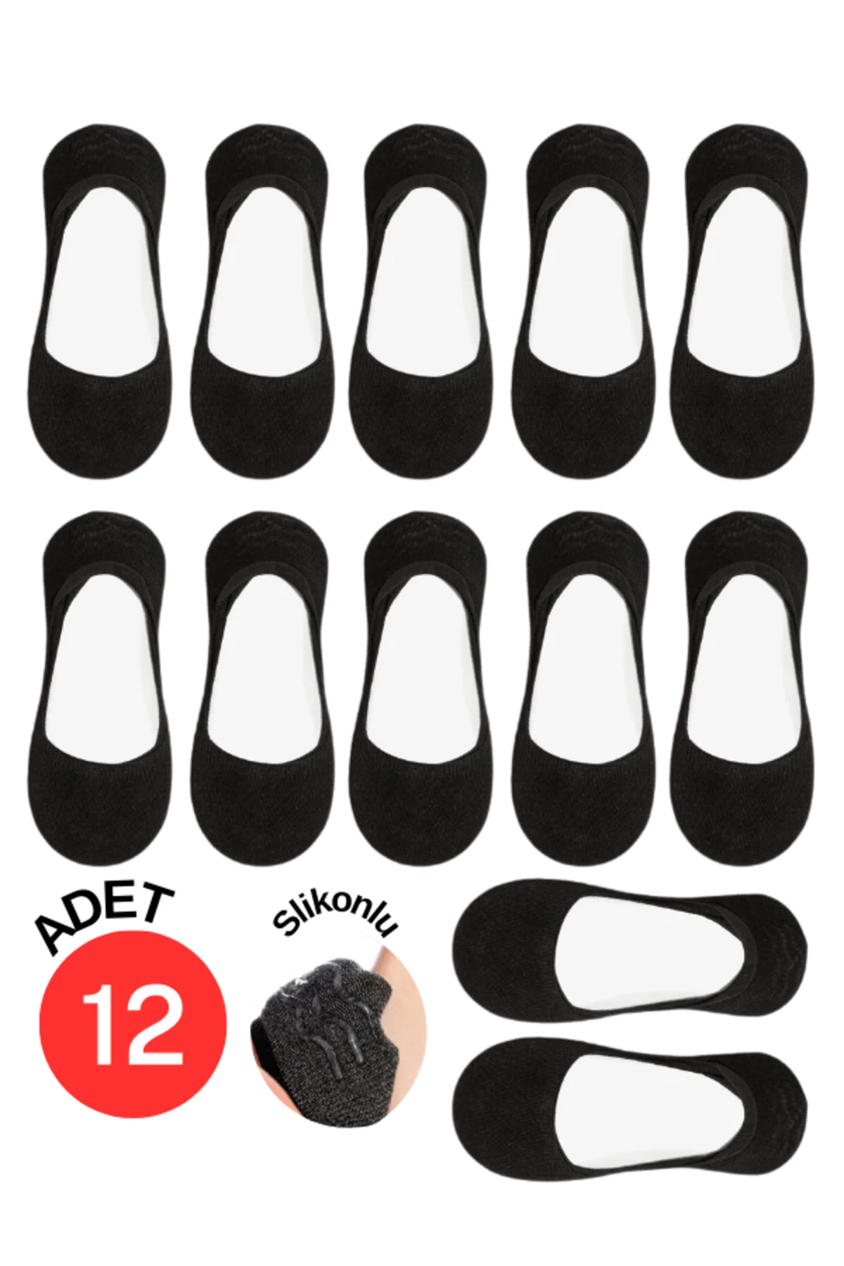 Pamuklu Yumuşak Silonlu Kaymaz 12'li Kadın Babet Çorap Pamuklu Çorap Siyah