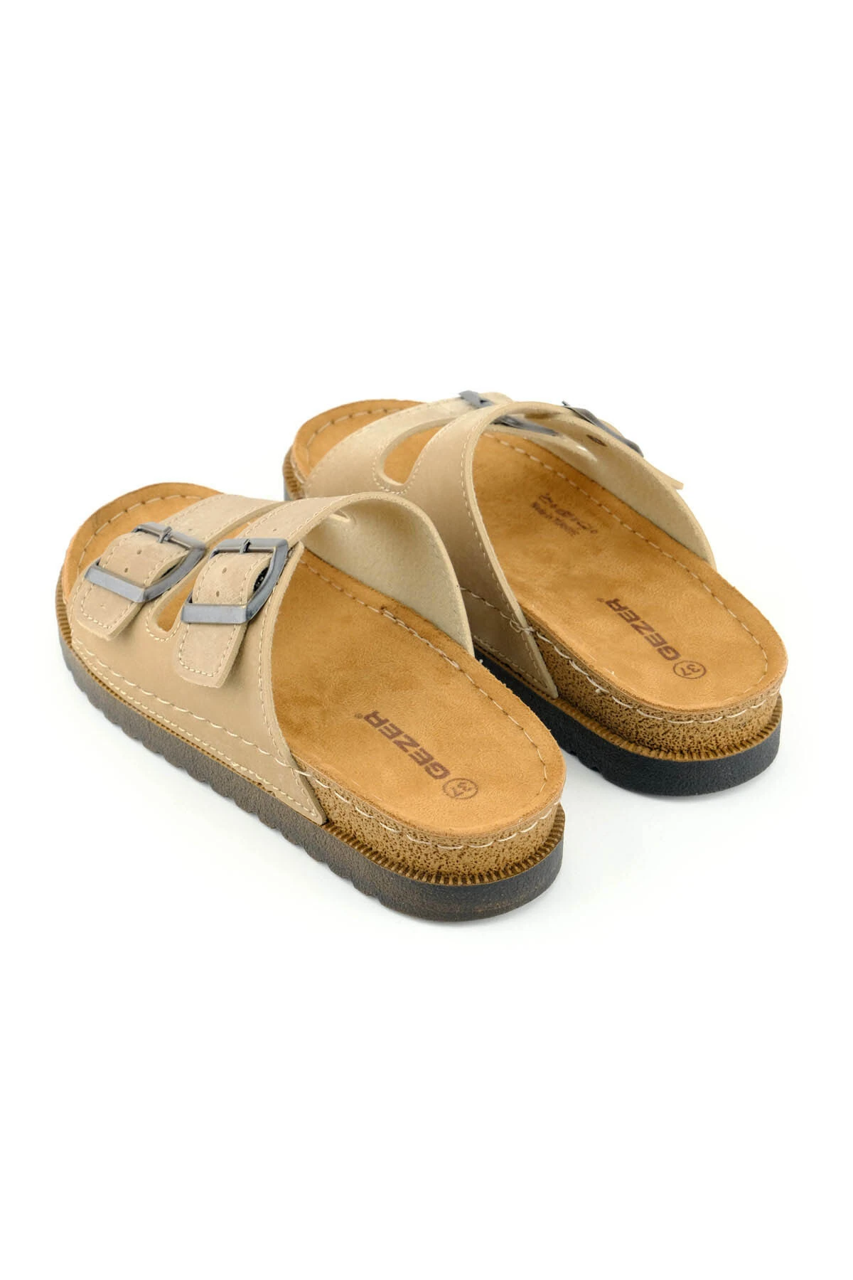 Kadın Yazlık İki Tokalı Ayarlanabilir Bej Terlik | Comfort Mantar Taban Günlük Kadın Terlik