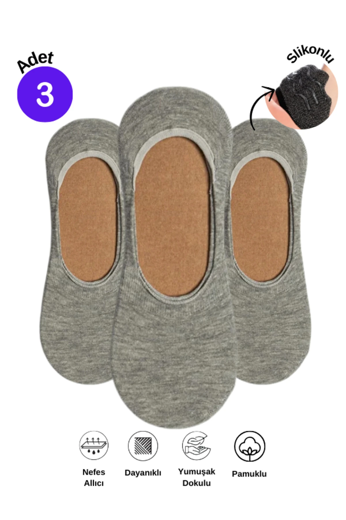 Pamuklu Yumuşak Silonlu Kaymaz Topuklu Ayaktan Çıkmaz 3'lü Erkek Babet Çorap Pamuklu Çorap