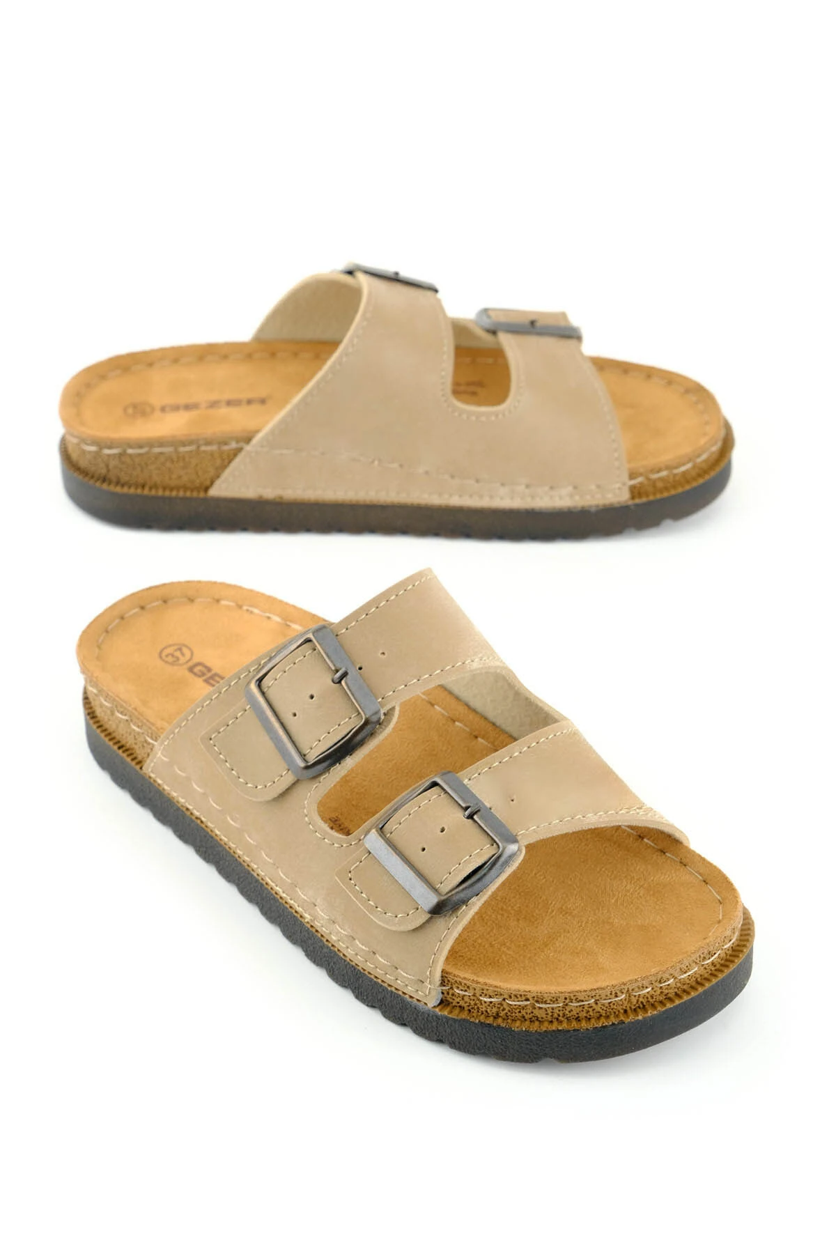 Kadın Yazlık İki Tokalı Ayarlanabilir Bej Terlik | Comfort Mantar Taban Günlük Kadın Terlik