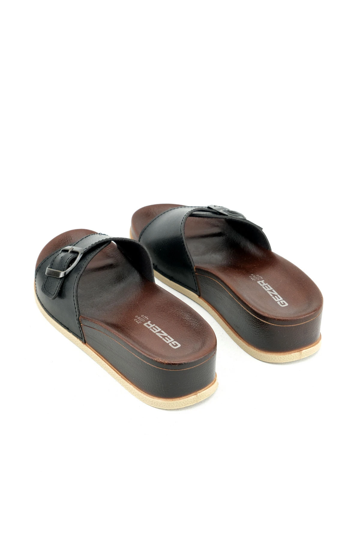 Yazlık Kadın Tek Tokalı Ayarlanabilir Suni Deri Ortopedik Dolgu Taban Siyah Terlik - Anne Terliği