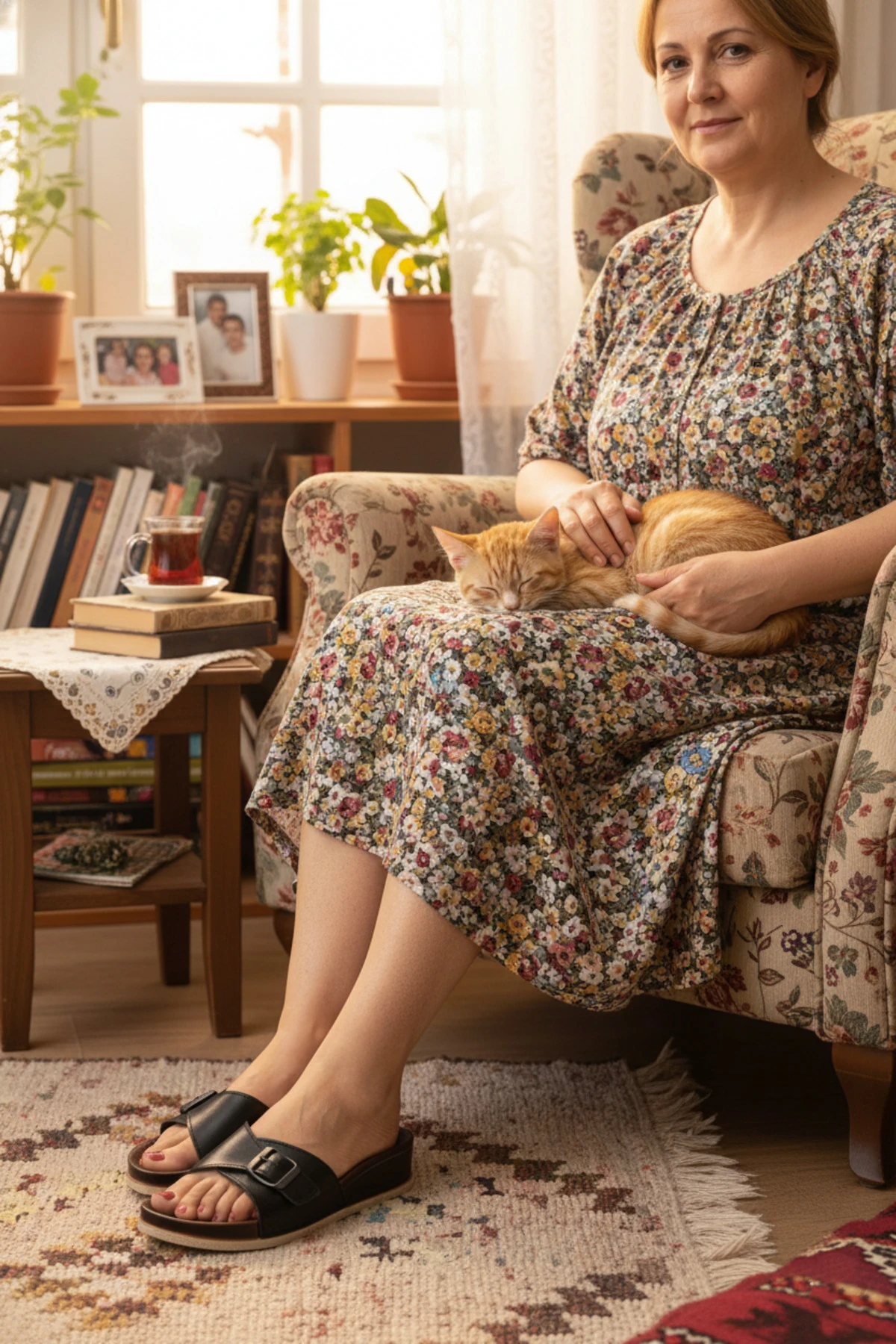 Yazlık Kadın Tek Tokalı Ayarlanabilir Suni Deri Ortopedik Dolgu Taban Siyah Terlik - Anne Terliği - Siyah