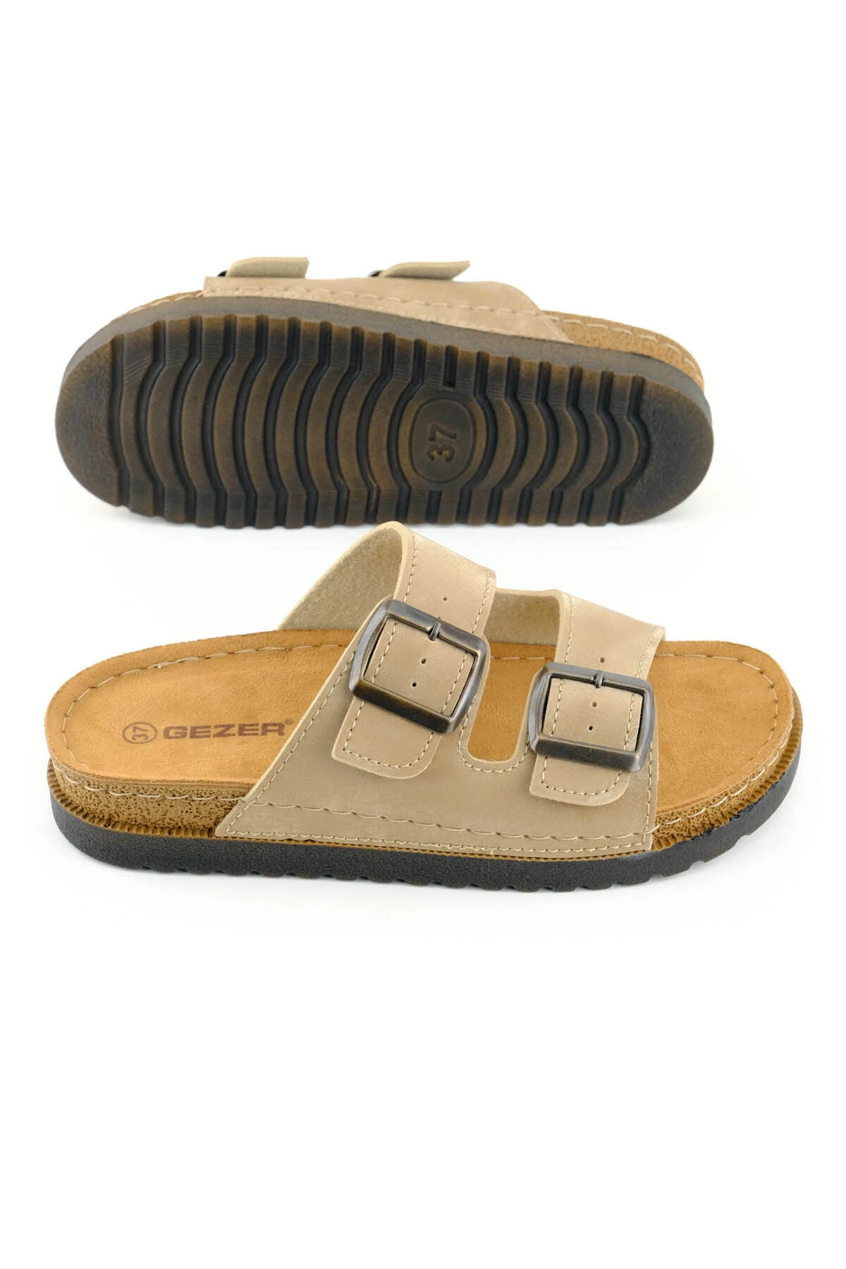 Kadın Yazlık İki Tokalı Ayarlanabilir Bej Terlik | Comfort Mantar Taban Günlük Kadın Terlik