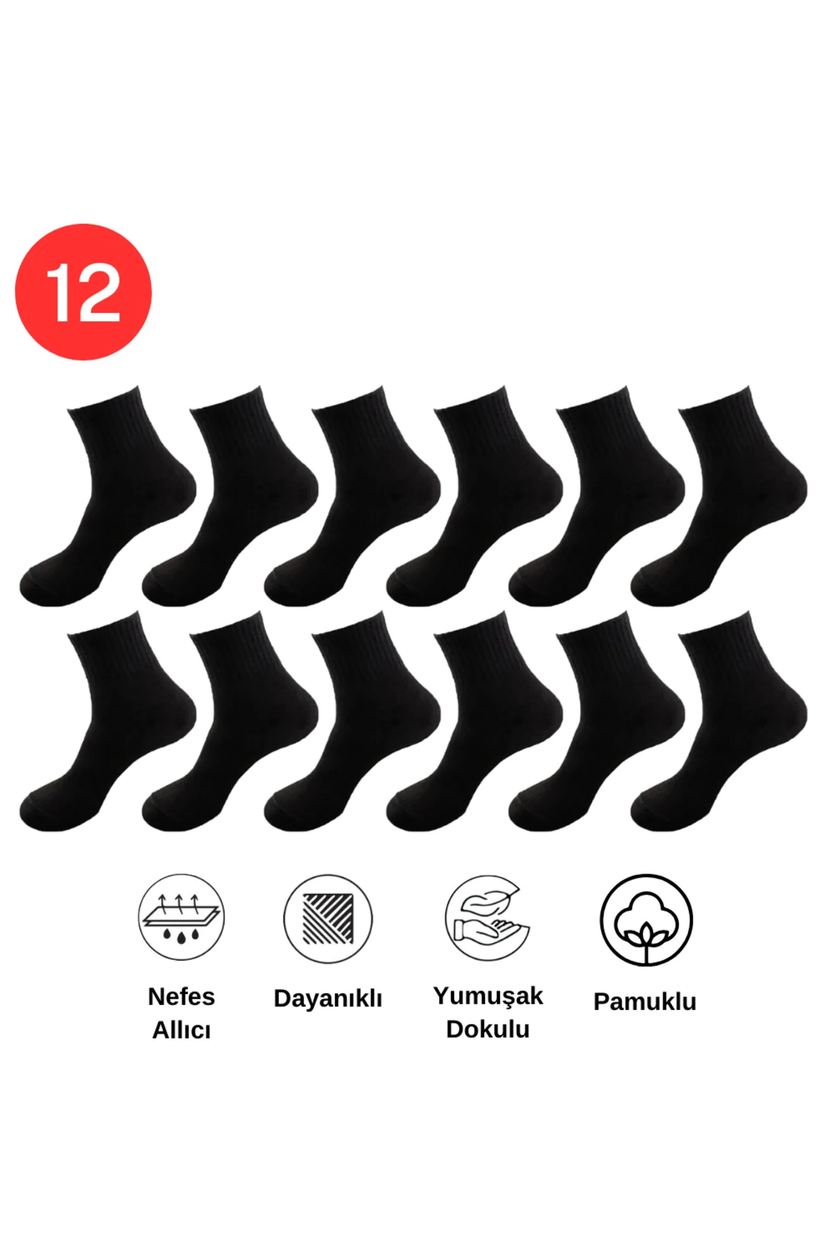 Pamuklu Yumuşak Karışık 12'li Siyah Renk Kadın Soket Çorap Pamuklu Çorap Dikişli