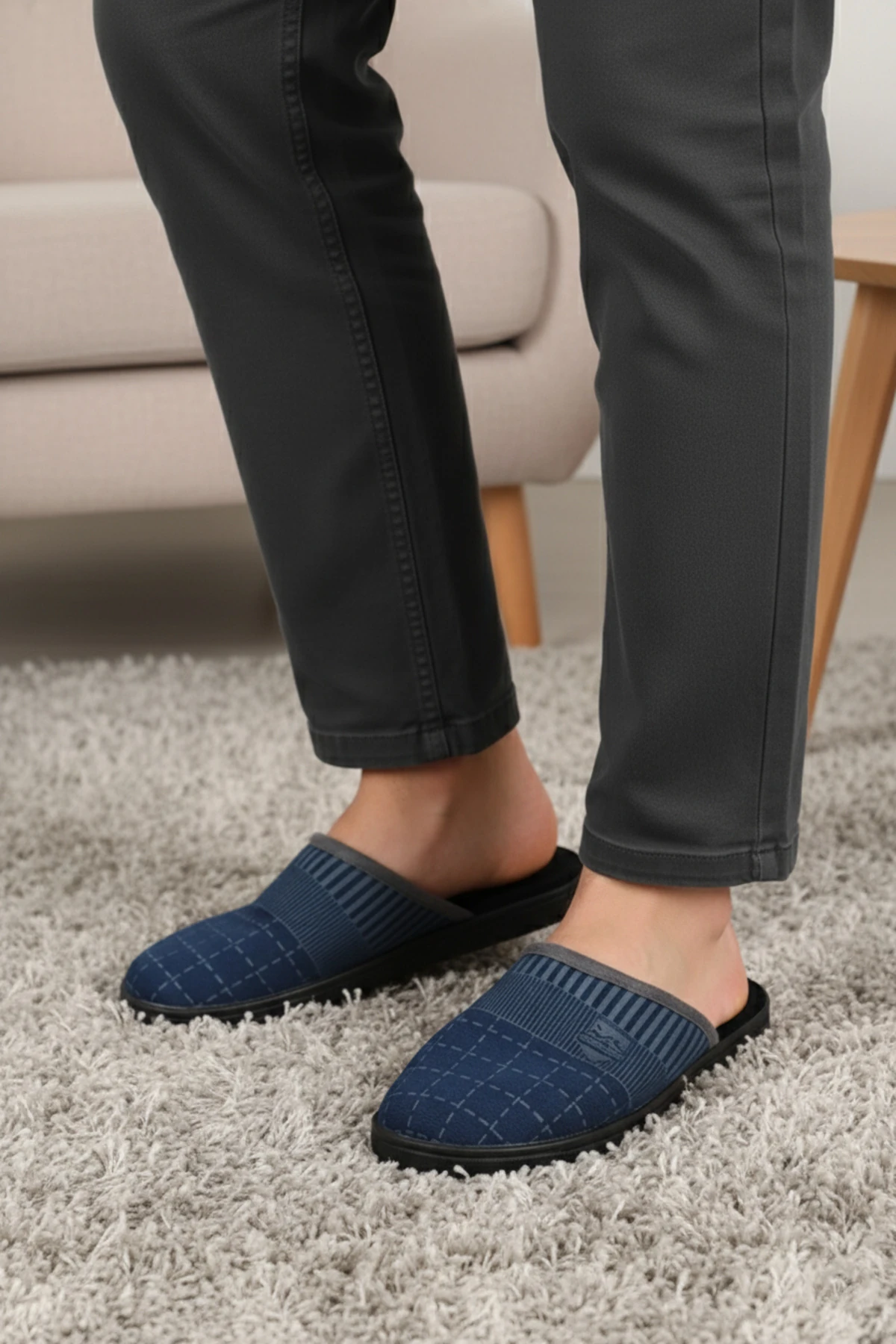 Erkek Ev Terliği Mavi Kışlık Sıcak Astarlı Kaymaz Taban Rahat Yumuşak Ev İçi Terlik