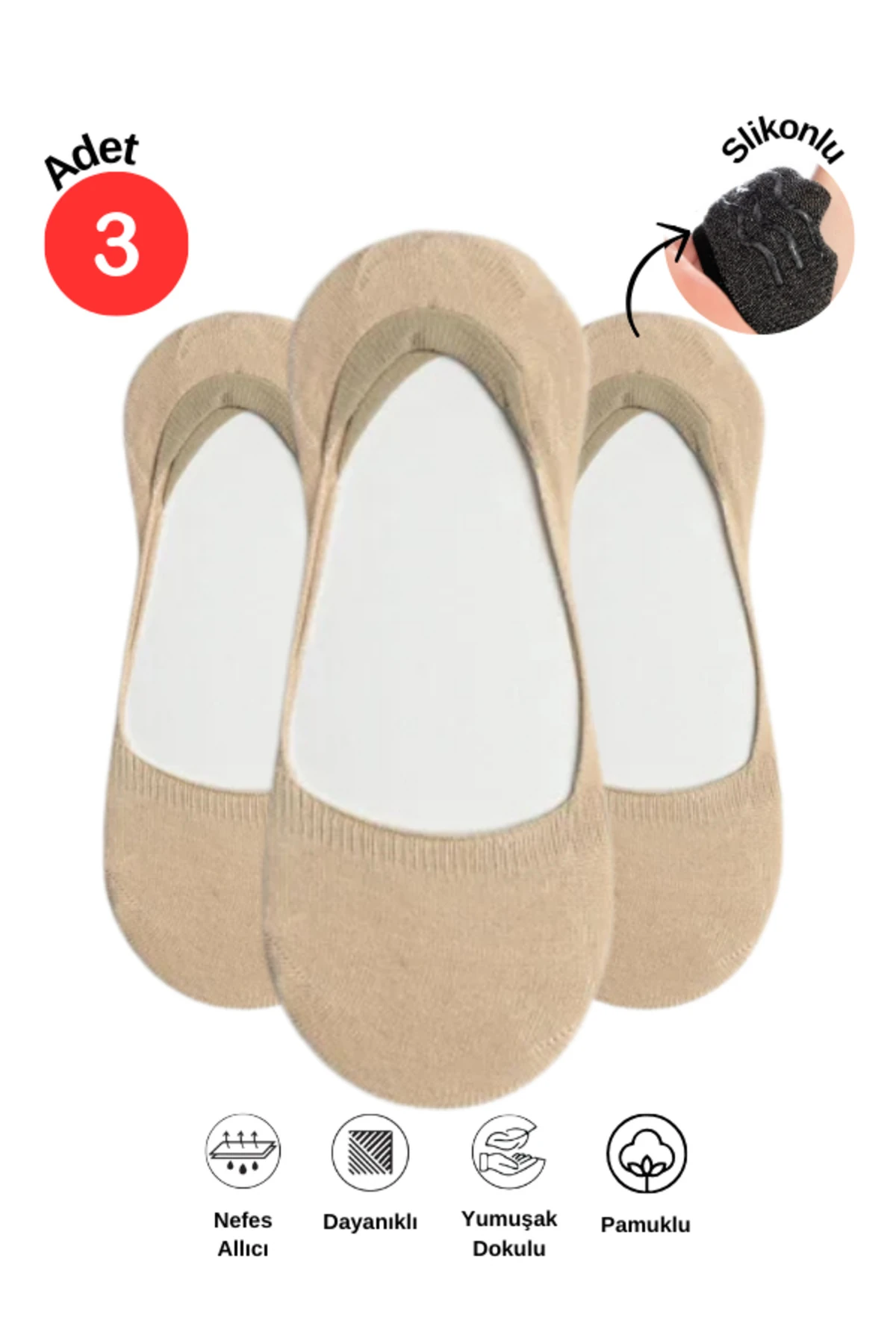 Pamuklu Yumuşak Silonlu Kaymaz 3'lü Kadın Babet Çorap Pamuklu Çorap Krem