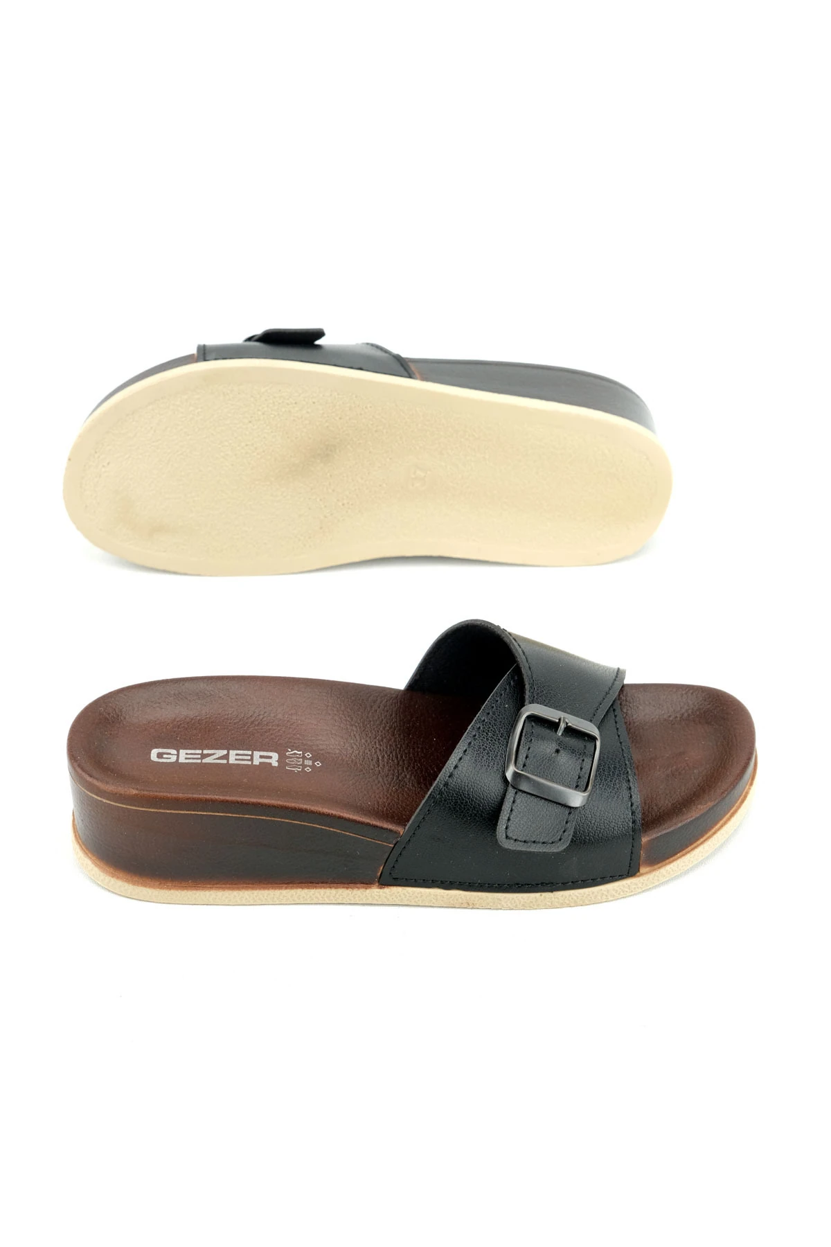 Yazlık Kadın Tek Tokalı Ayarlanabilir Suni Deri Ortopedik Dolgu Taban Siyah Terlik - Anne Terliği