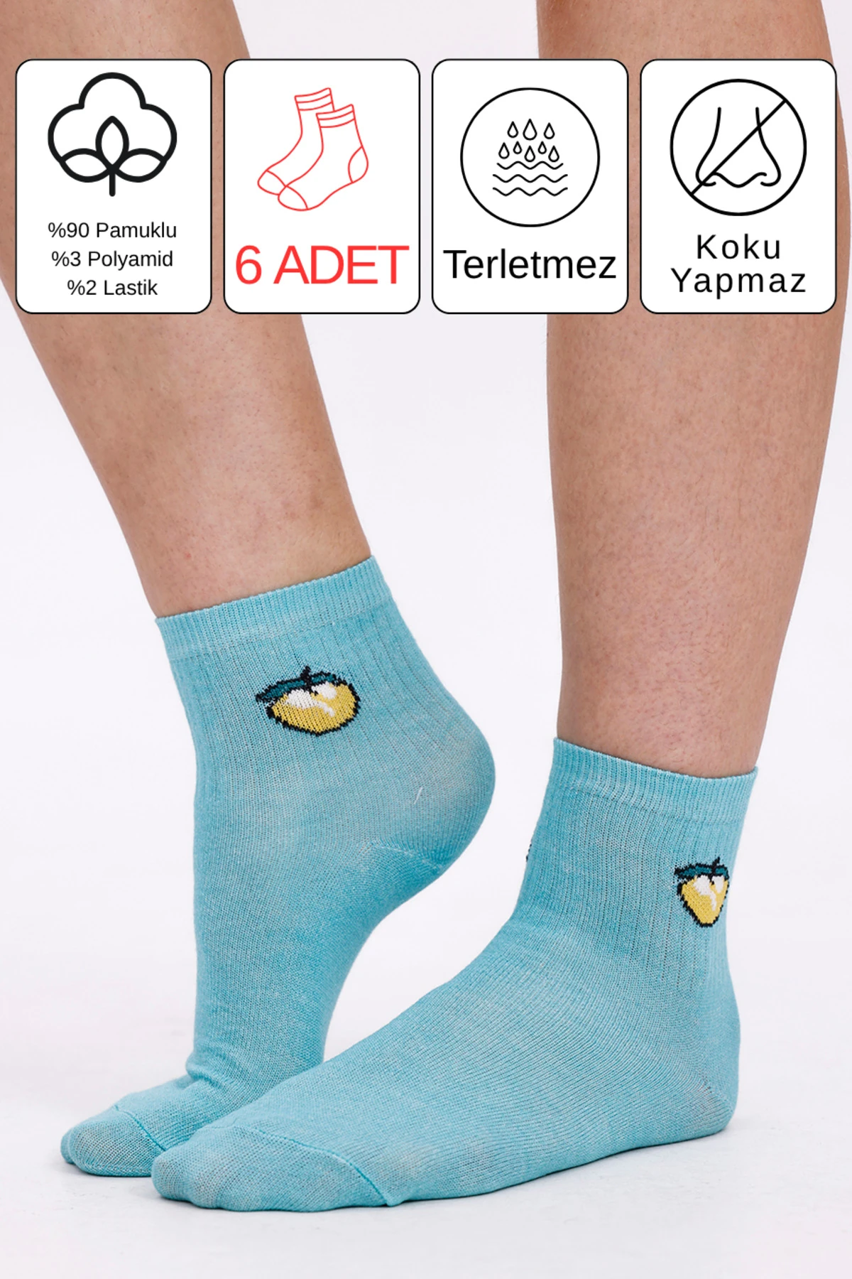 Meyve Nakışlı Pamuklu Kolej, Spor, Soket Çorap - Yazlık Kolej Spor Çorabı Bedensiz - 6 Çift