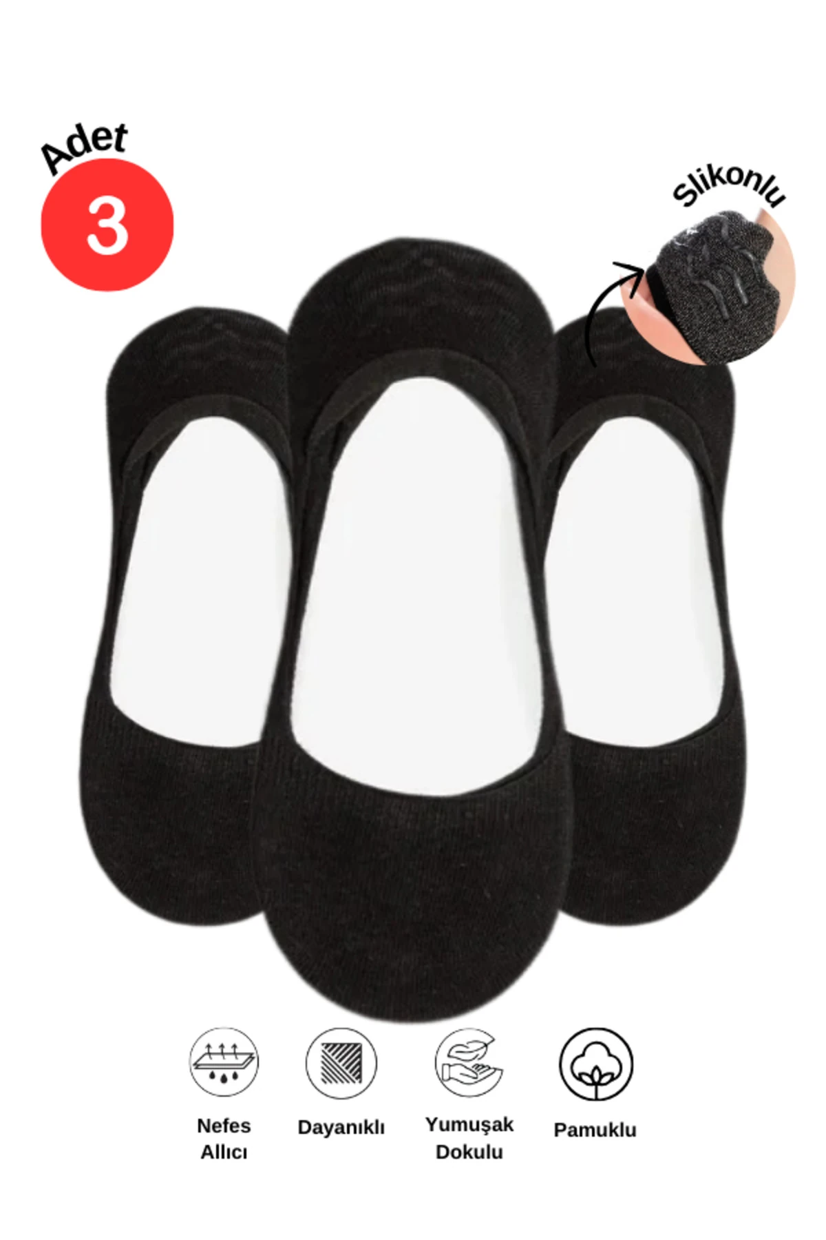 Pamuklu Yumuşak Silonlu Kaymaz 3'lü Kadın Babet Çorap Pamuklu Çorap Siyah