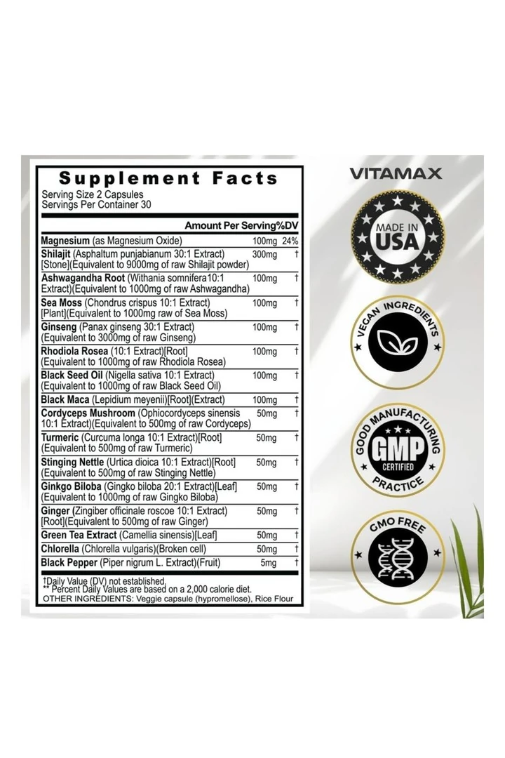 Shilajit + Ginseng + Sea Moss + Maca + Ashw. + Ginkgo Biloba 60 Kapsül