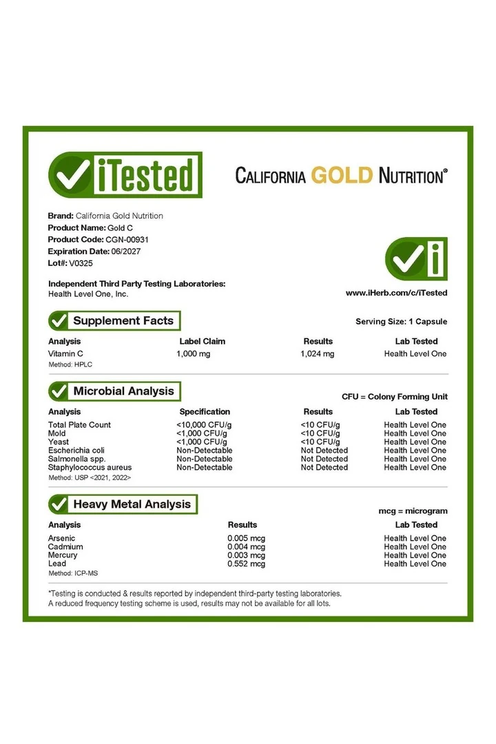 California Gold Nutrition, Gold C, USP Grade Vitamin C, 1,000 mg, 60 Veggie Kapsül