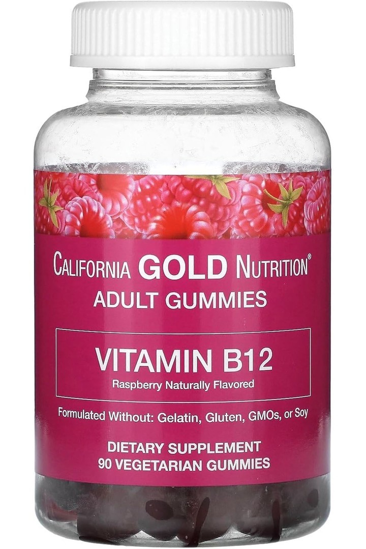 California Gold Nutrition, Vitamin B12 Gummies, Natural Raspberry, Gelatin Free, 3,000 mcg, 90 Gummies- İthal