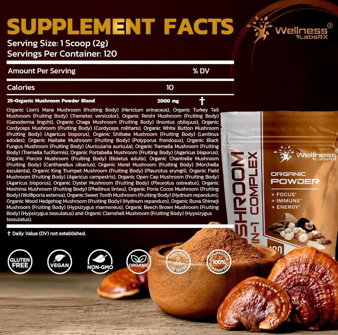 Organic Powder Mushroom 25-ın-1 complex 120 Servis Net WT 8.5 OZ (240 g)