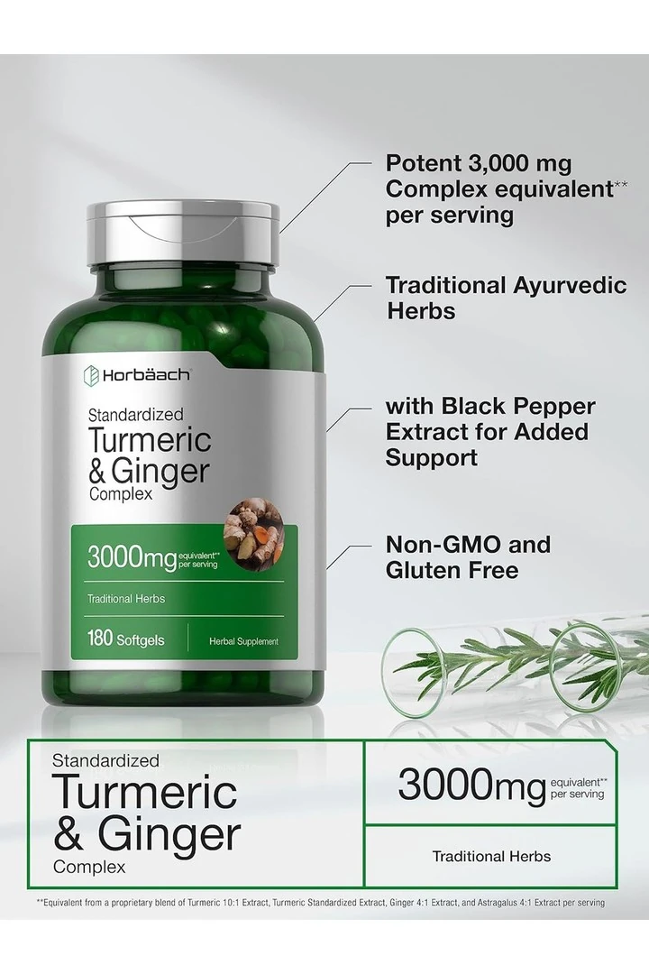 Horbäach Turmeric and Ginger Supplement | 3000 Mg 180 Softgel Pills
