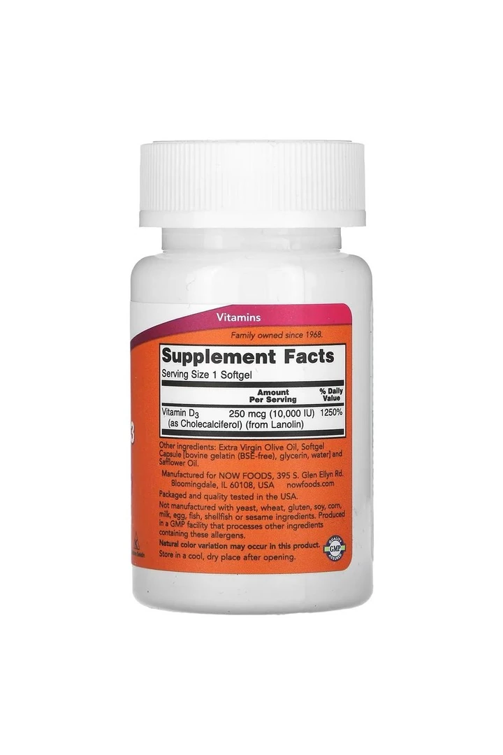 NOW Foods, D3 Vitamini, Yüksek Etkili, 10.000 IU, 120 Yumuşak Kapsül