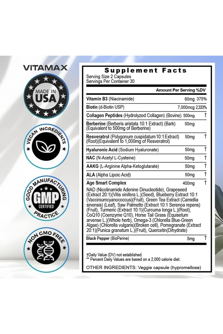 Vitamax Resveratrol + N.C + NAD + Berberine + Collegen Peptides + Hyaluronic Acid + Biy/otin 21 IN 1 - 60 Kapsül - İthal