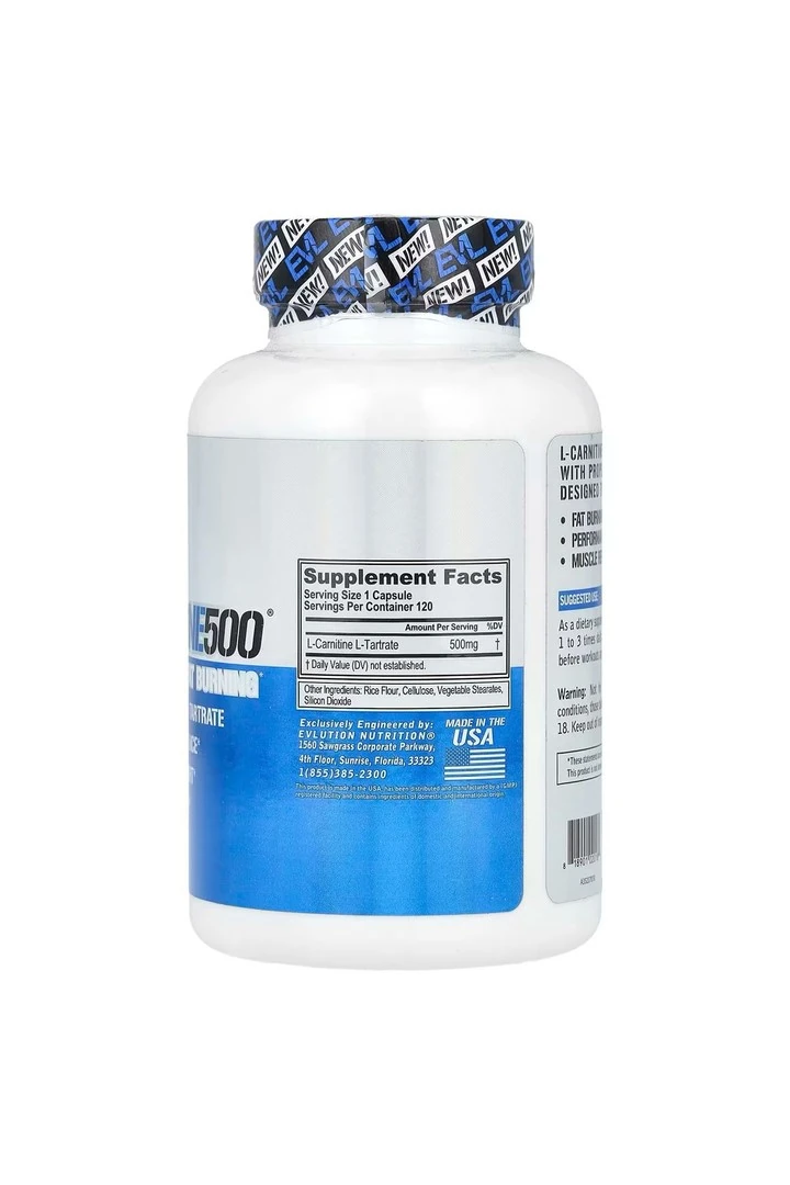 EVLution Nutrition, L-CARNITINE500, Uyarıcı İçermeyen Yağ Yakıcı, 120 Kapsül