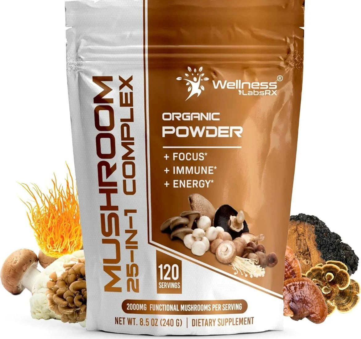 Organic Powder Mushroom 25-ın-1 complex 120 Servis Net WT 8.5 OZ (240 g)