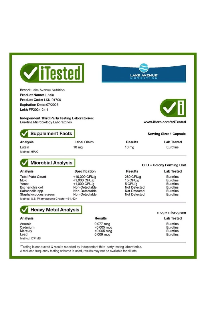Lake Avenue Nutrition, Lutein, 10 Mg, 60 Veggie Kapsül