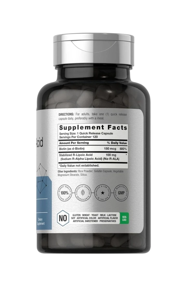 R-Lipoik Asit 100 mg | 120 Kapsül | Biyotin İyileştiricili | GDO'suz, Glutensiz |