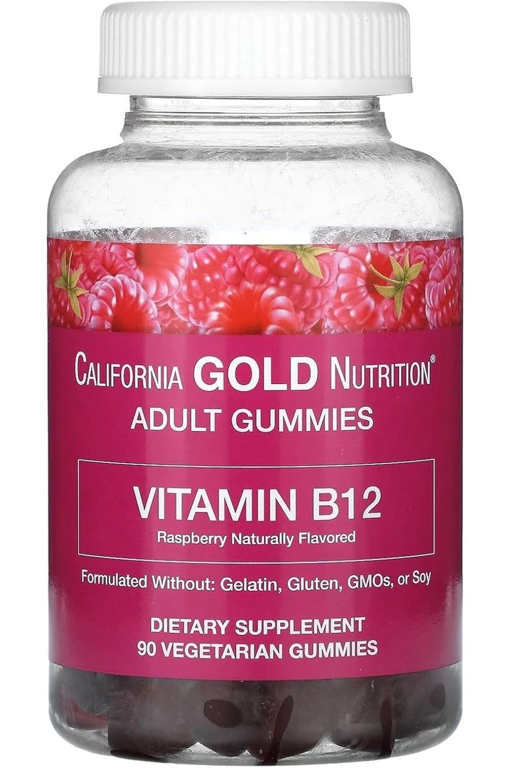 California Gold Nutrition, Vitamin B12 Gummies, Natural Raspberry, Gelatin Free, 3,000 mcg, 90 Gummies- İthal