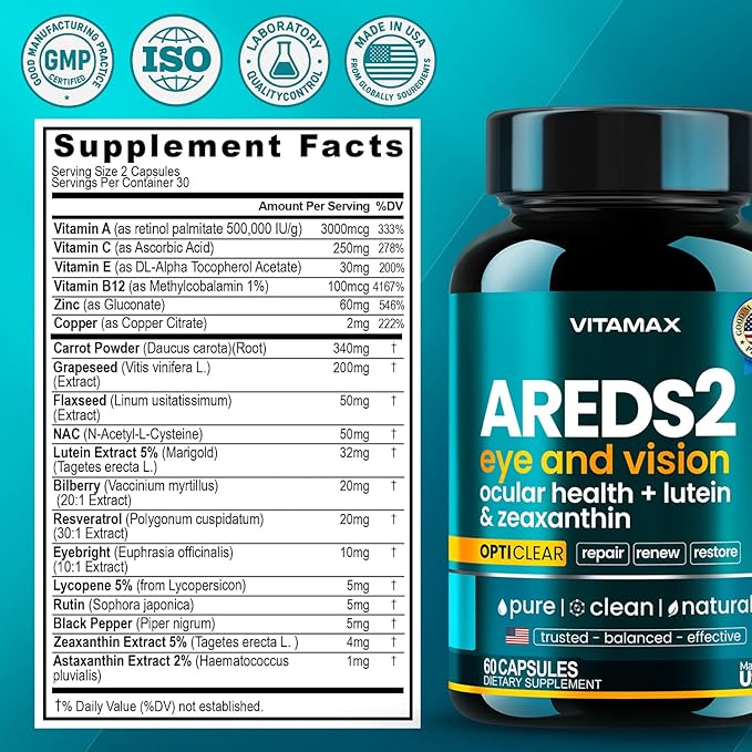 AREDS 2 Eye Vitamins - Lutein, Zeaxanthin, Bilberry, Astaxanthin Mineral Vision 60 Kapsül