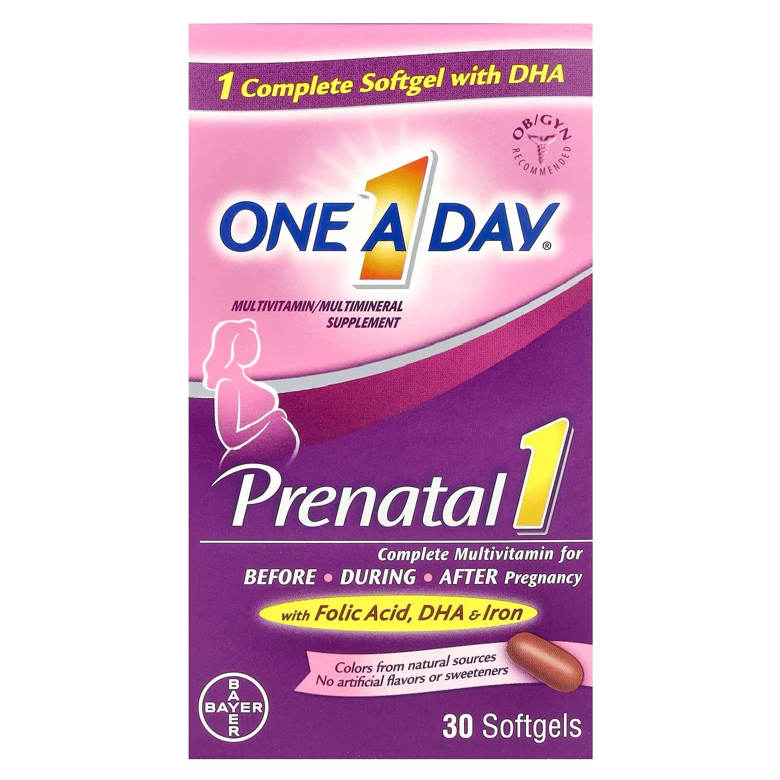 Women's Prenatal 1 Multivitamin including Vitamin A, Vitamin C, Vitamin D, B6, B12, Iron, Omega-3 DHA & more - Supplement for Before, During, & Post Pregnancy, Red, 30 Count (Pack of 1) (Packaging May Vary)