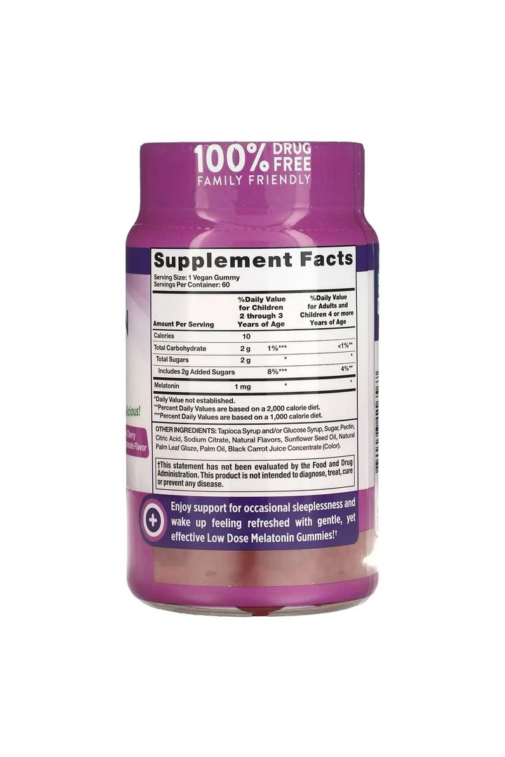 Low Dose Melatonin, Natural Cherry Pomegranate, 1 mg, 60 Vegan Gummies
