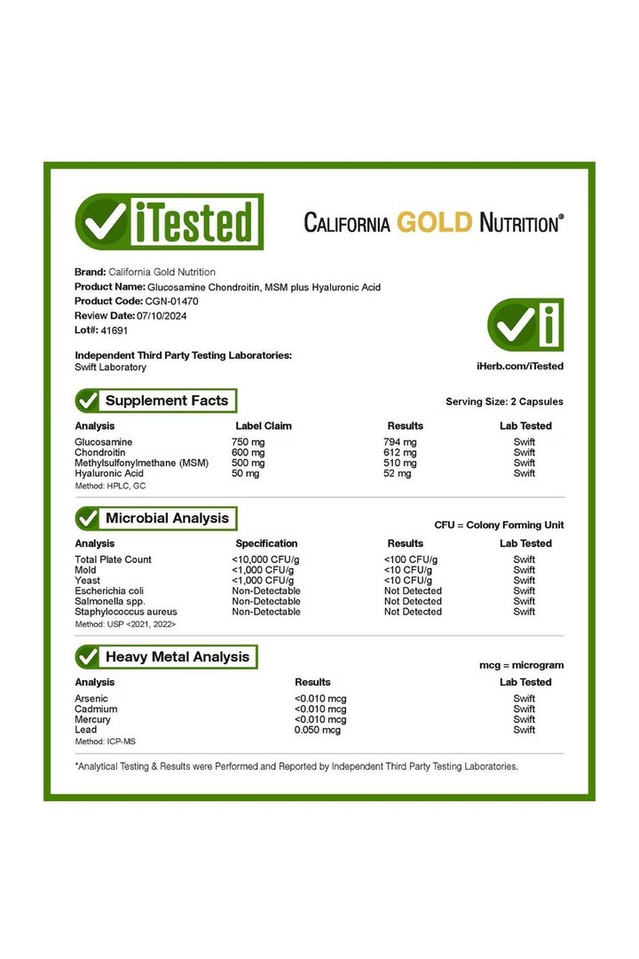 California Gold Nutrition, Glucosamine Chondroitin, MSM plus Hyaluronic Acid, 60 Veggie Kapsül