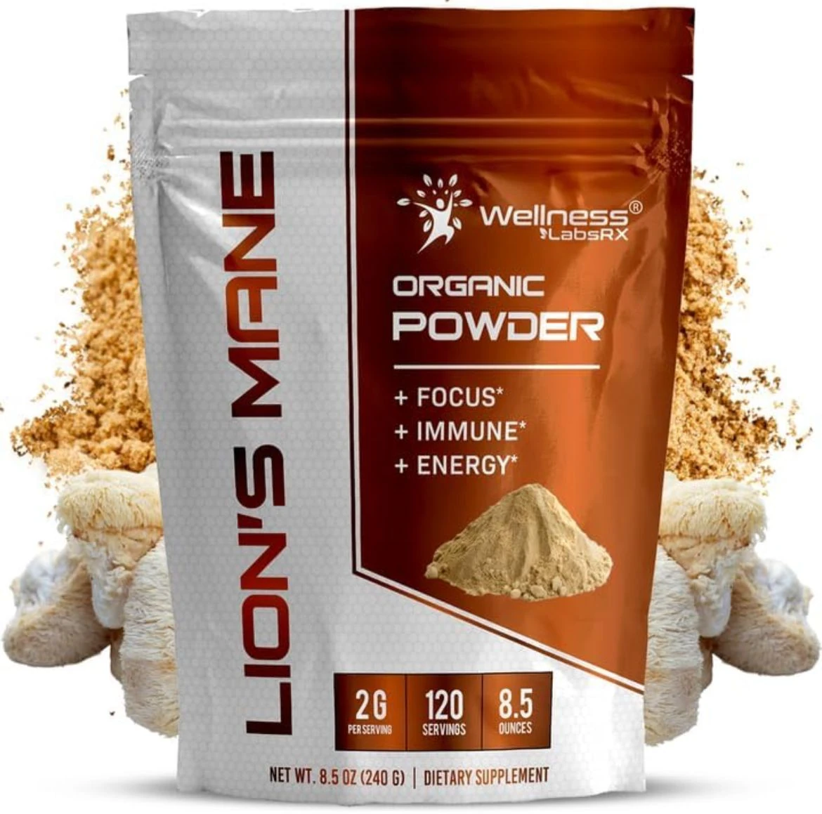 Lions Mane Powder, Natural Formula for Memory and Focus, Immune Health - 120 Servings