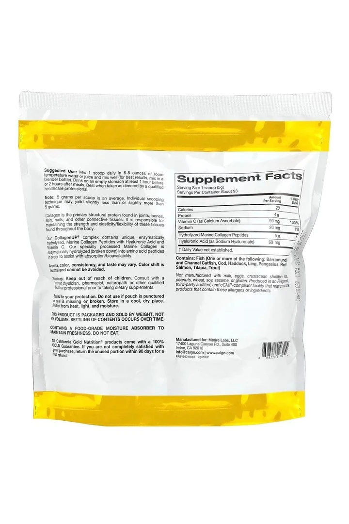 California Gold Nutrition, CollagenUP, Hiyalüronik Asit ve C Vitamini İçeren Hidrolize Balık Kolajeni Peptitleri, Aromasız, 464 g (16,37 oz)