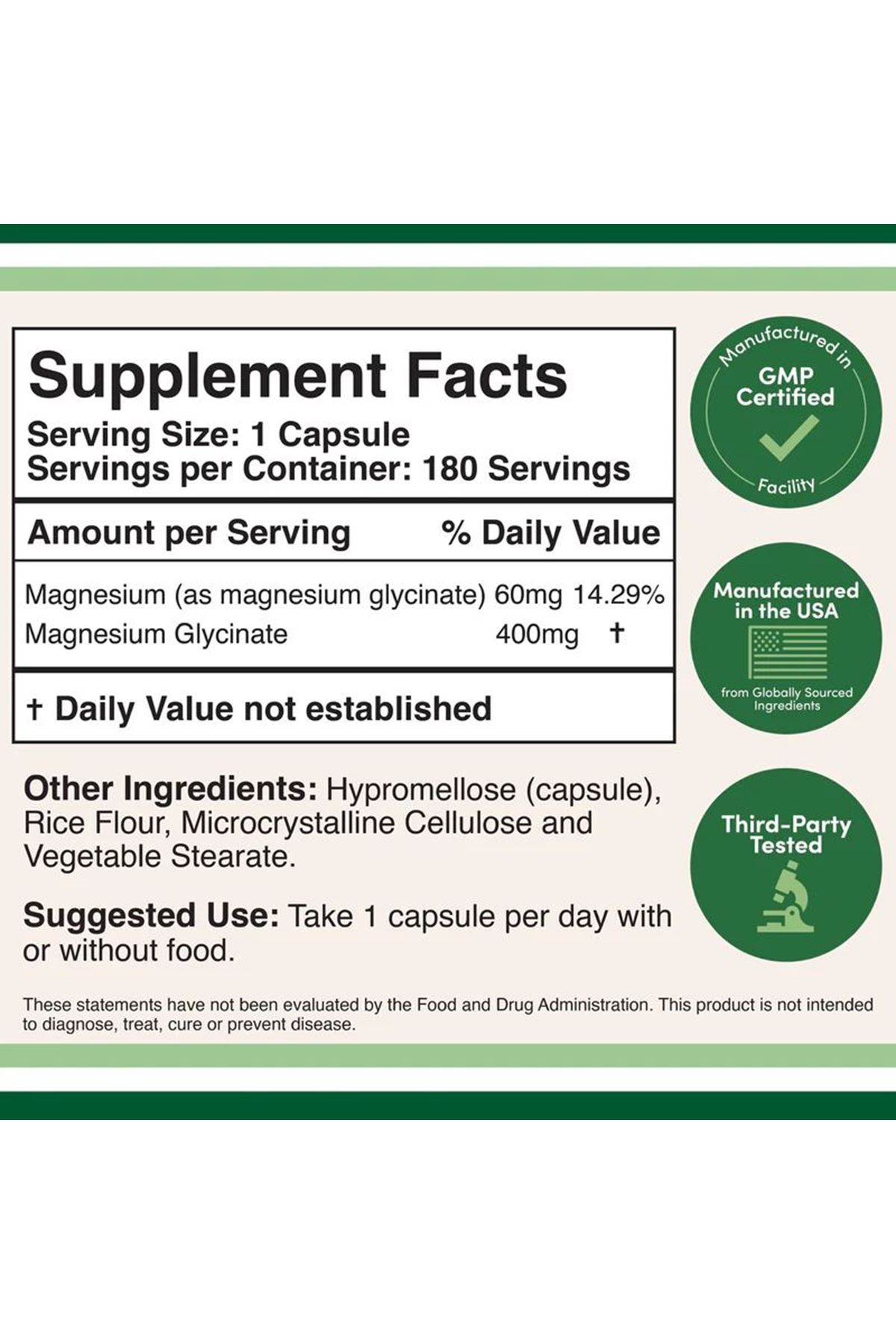 Magnesium Glycinate 400 mg 180 Kapsül