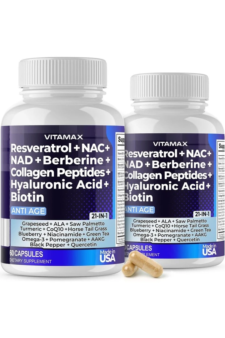 Vitamax Resveratrol + N.C + NAD + Berberine + Collegen Peptides + Hyaluronic Acid + Biy/otin 21 IN 1 - 60 Kapsül - İthal