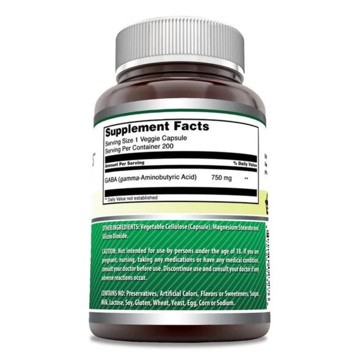 GABA 750mg Per Serving Veggie Capsules Supplement | Non-GMO | Gluten Free | Made in USA | Ideal for Vegetarians (200 Count)