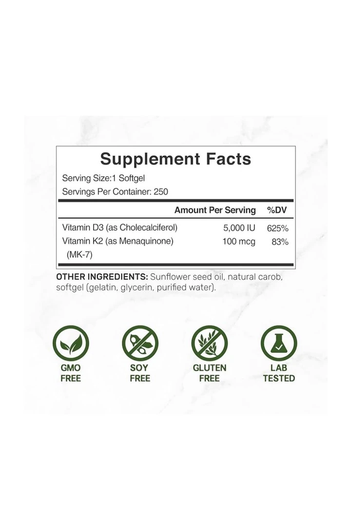 DEAL SUPPLEMENT D3 K2 Softgel, D3 5000 IU & K2 MK7, 250 Capsul