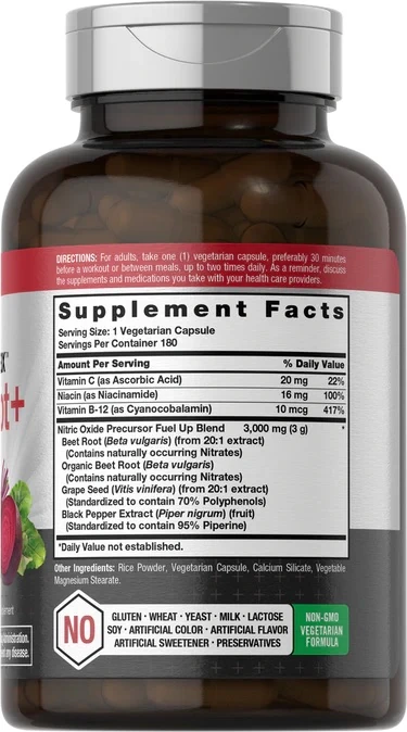 Nitric Oxide Max Beet Root+ with Nitrates | 180 Veg. Kapsül | precursor | Non-GMO & Gluten Free